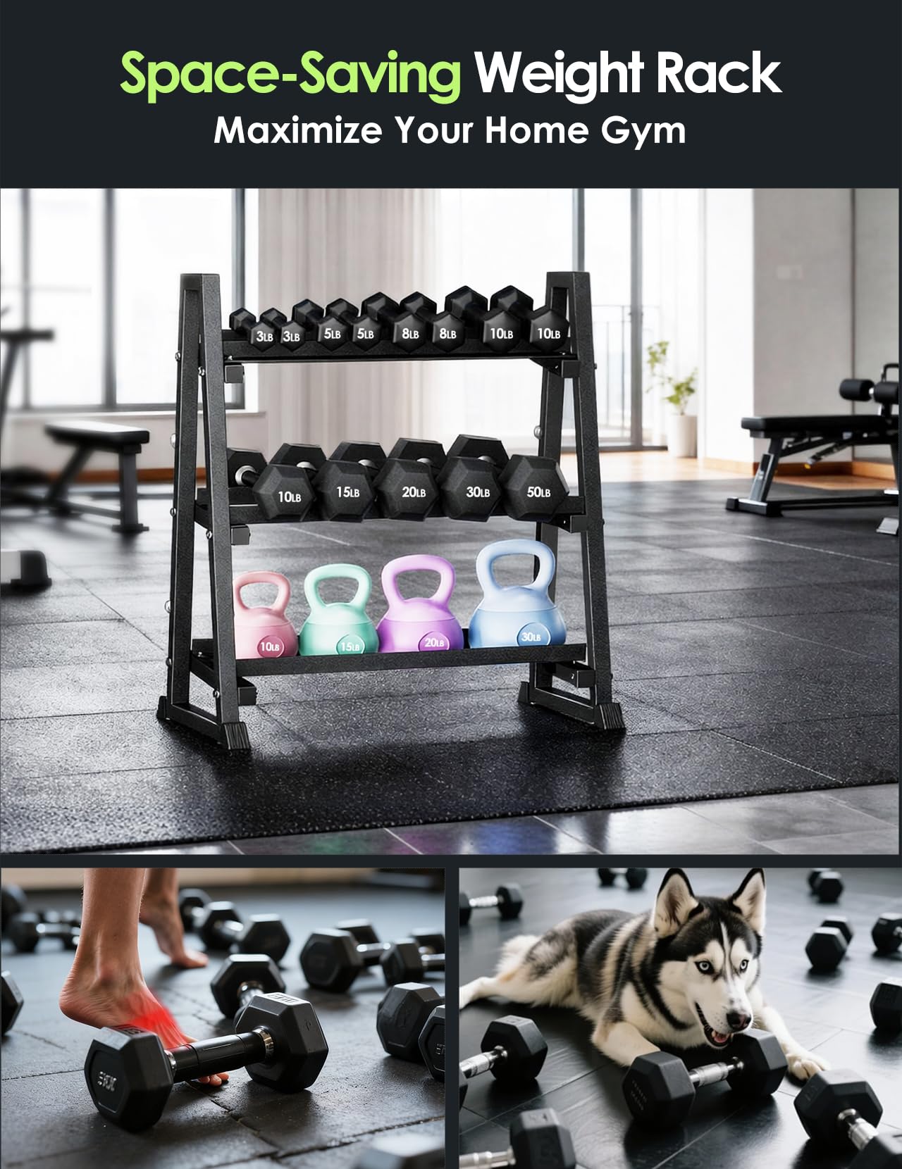 Leteuke Dumbbell Rack, 3 Tiers Heavy Duty Weight Rack for Home Gym, Trapezoidal Frame Space Saving Weight Storage Racks for Dumbells, Kettlebells, Barbells, Dumbbell Rack Stand Only (1300LBS Capacity)