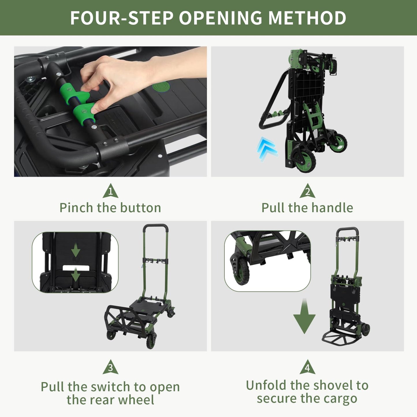 2-in-1 Black Folding Small cart, Outdoor Cargo handling Vehicle, Flatbed Trailer with a Load Capacity of 330 pounds (1, Green+Black Brake)