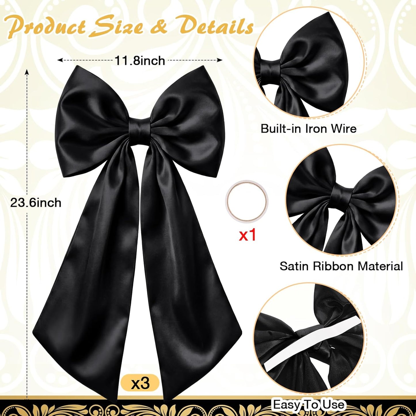 Suncalla Large Satin Bow Decorations - 3 Pcs 2 FT Hanging Wall Decor for Weddings & Parties | Black