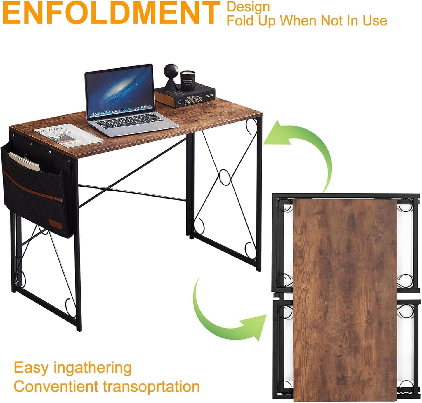 VECELO 39 Inch Folding Desk - Simple Assembly Writing Computer Desk for Home Office | Classic Brown