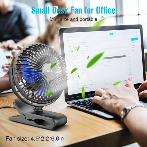 BESKAR Portable USB Clip-On Fan - 3-Speed Strong Airflow | Quiet Personal Desk Fan with Sturdy Clamp