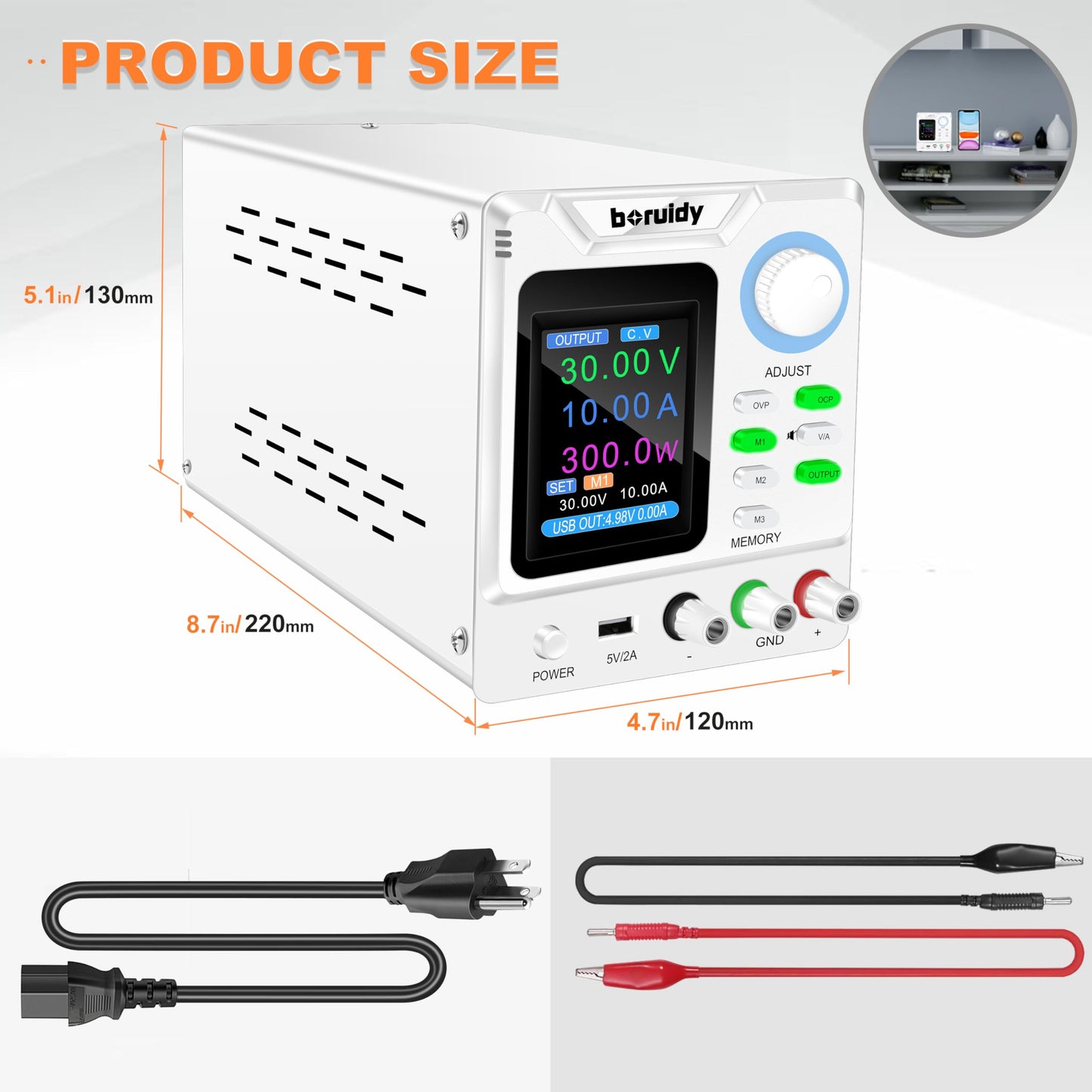 DC Power Supply Variable 30V 10A,boruidy 300W Encoder Adjustable Switching Regulated High Precision 4-Digits TFT Display 5V/2A USB Port Bench Lab Power Supplies with OCP OVP Output Memory Button