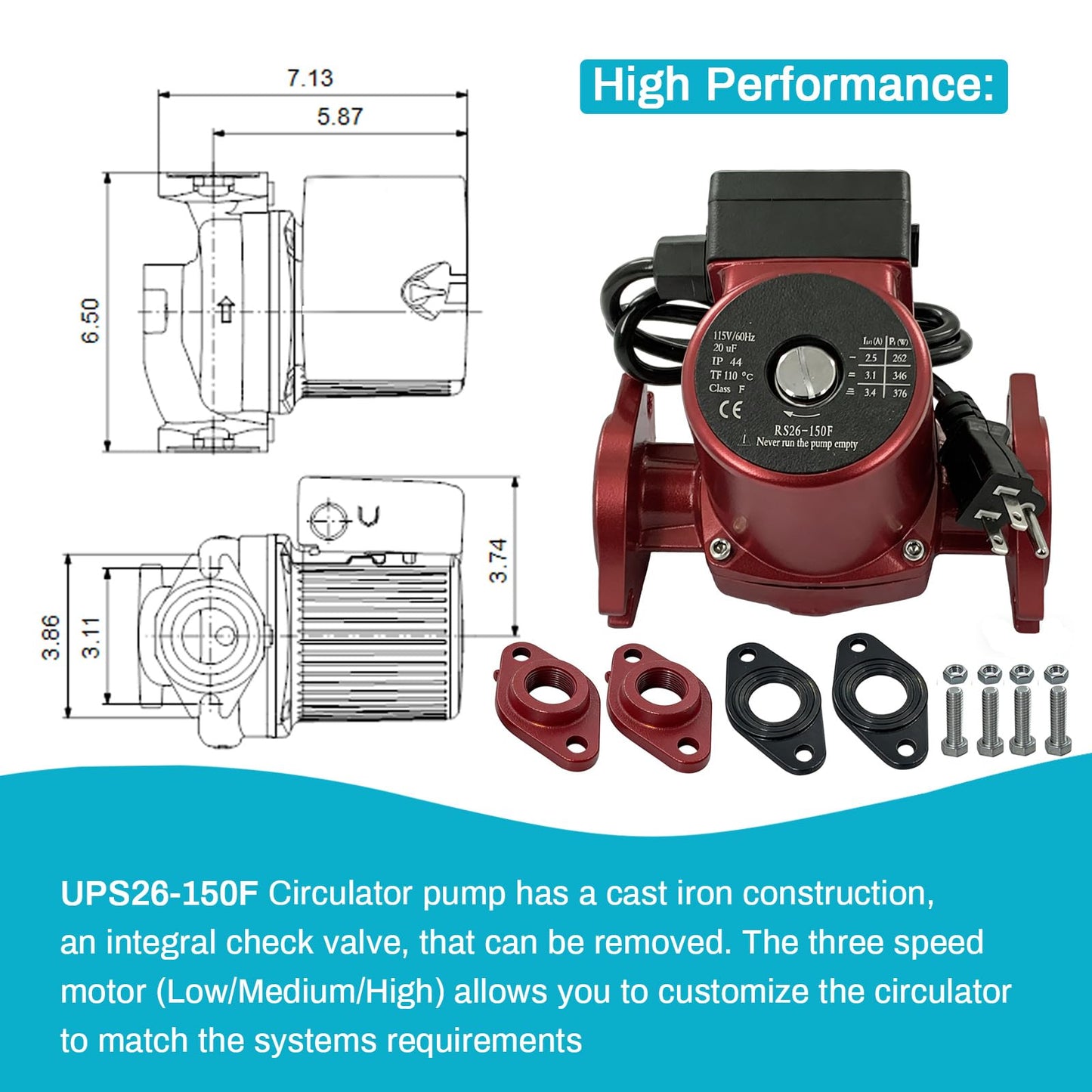 UPS26-150F Hot Water Circulator Pump Compatible with Grundfos 95906630 Cast Iron Circulator Pump 1/3 HP 115V 145 PSI 3-Speed 2-Bolt Flange For Heating Cooling Solar and Other System
