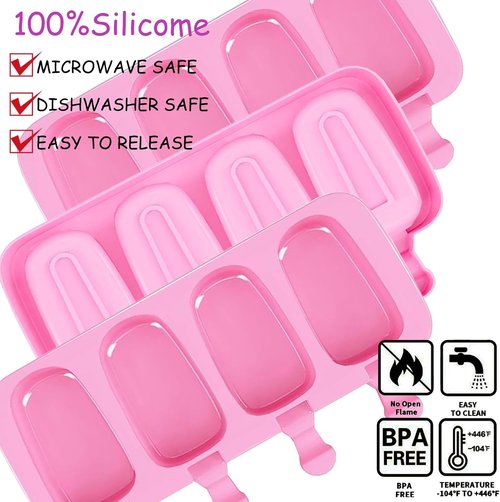 BZIDII Silicone Popsicle Molds Set - 3 Large Oval Ice Cream Bar Molds with 100 Sticks & Bags | Pink