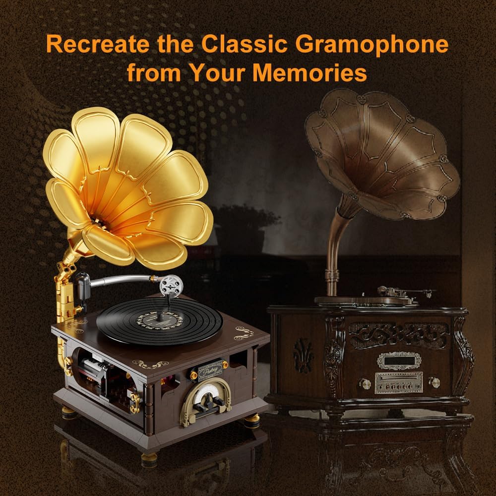 BRICKKK Set, Set, Set PANTASY Retro Phonograph Building Gramophone Music Box Building Kit, Vintage Music Player