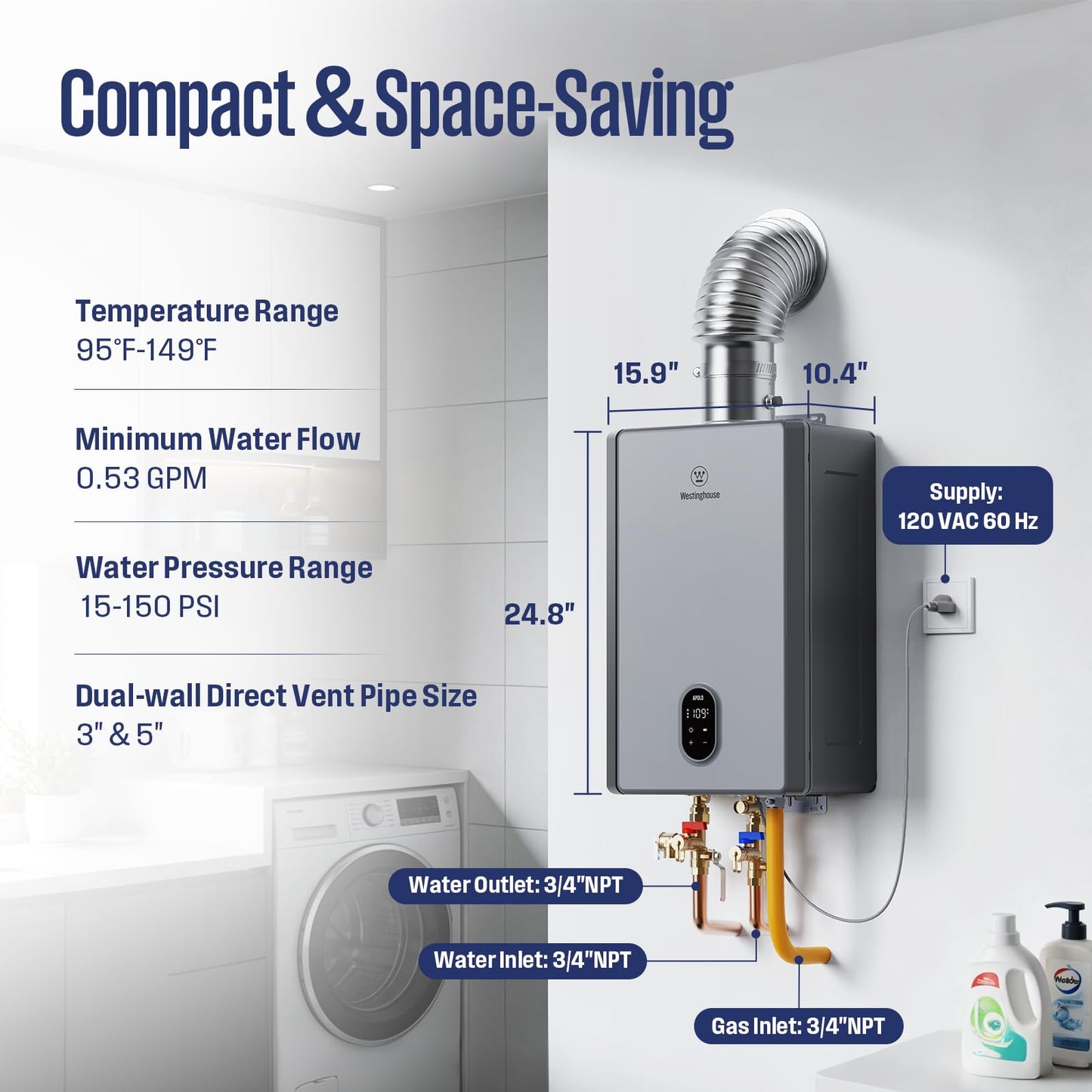 Westinghouse Smart Tankless Water Heater Natural Gas Indoor, 10.3 GPM 199,000 BTU Whole Home Instant Hot Water Heater, WiFi App & Voice Control, ±1°F Temp Stability for 4+ Bathrooms