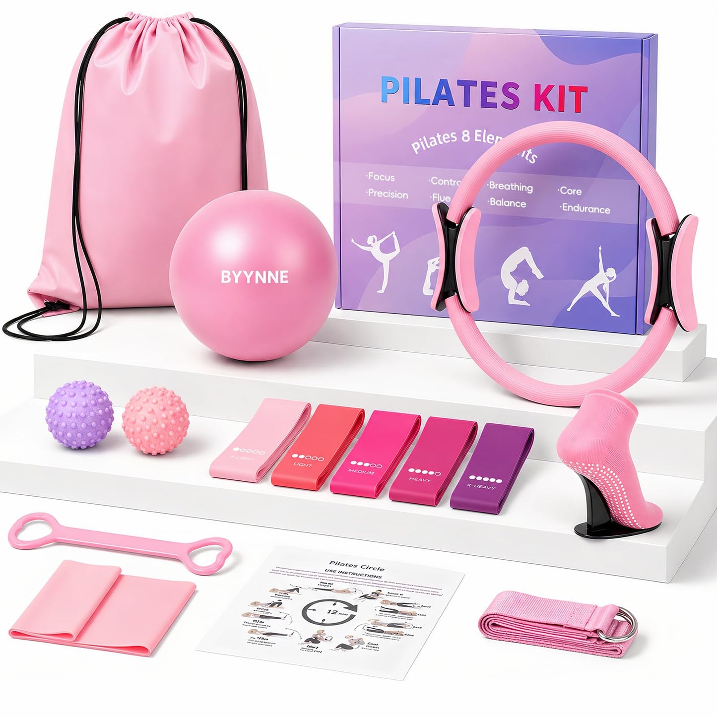 BYYNNE Home Pilates Kit for Women - 14 Pcs Pilates Equipment Set with P-ilates Ring and Ball, 5 Resistance Bands Etc Accessories for Beginners Home Workouts - Includes Workout Guide (Pink)