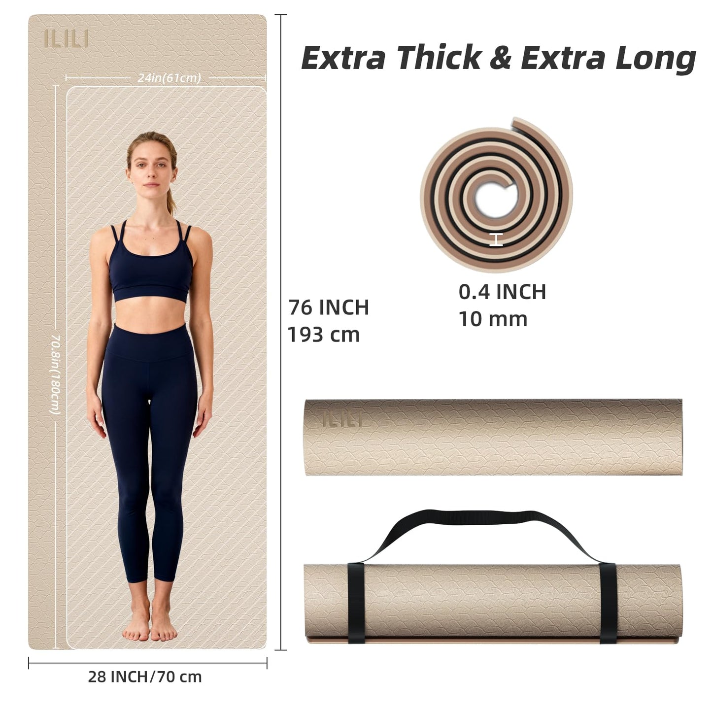 ILILI Yoga Mat 10mm Extra Thick and Extra Long, 76x28×0.4 Inch, Double Color Non-Slip TPE Material, Easy Carrying with Strap, Ideal for Yoga, Pilates, Floor Exercise, Home and Outdoor Use, Eco Friendly (Beige+Brown)