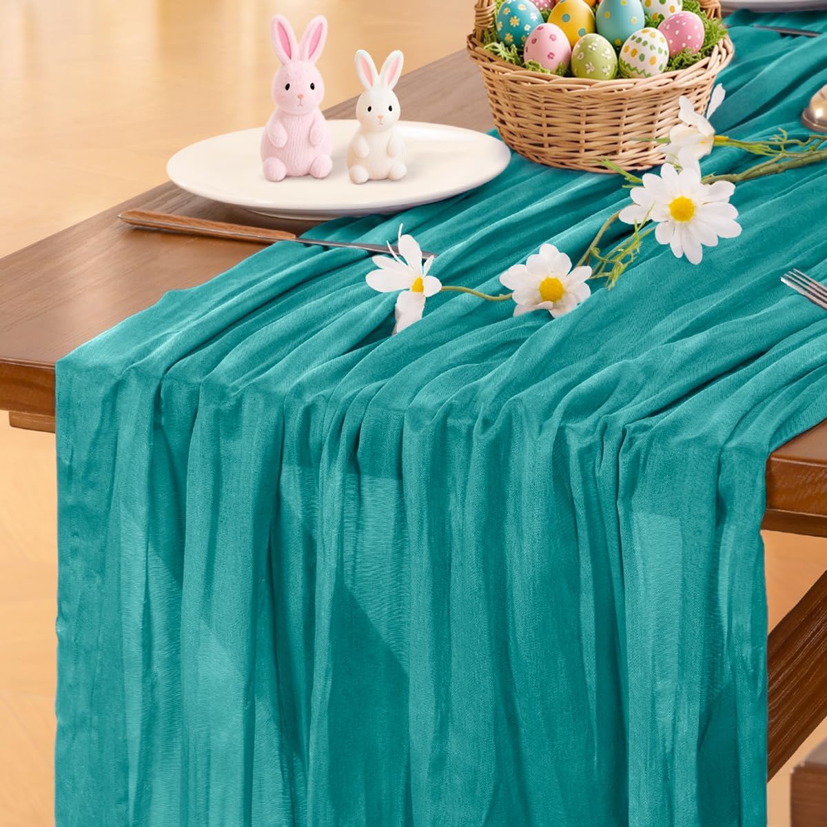 Socomi Teal Blue Cheesecloth Table Runner - 120 Inch Boho Rustic Gauze for Weddings & Events