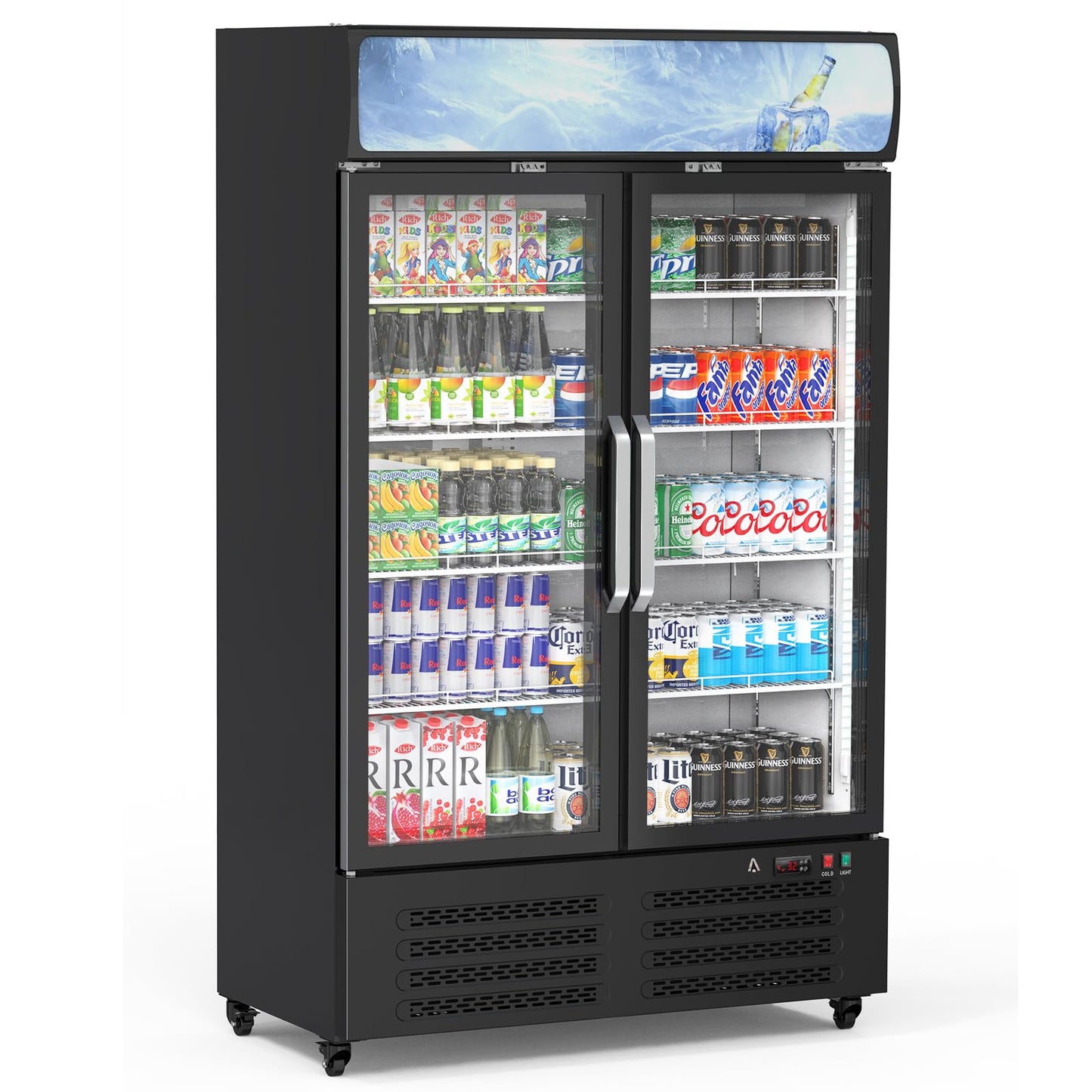 GAOMON Commercial Refrigerator, Commercial Beverage Display Cabinet with LED Top Panel, 32-50°F Adjustable, 25.3 Cu Ft Double Glass Door Merchandiser Fridge for Restaurant, Convenience Store, Black