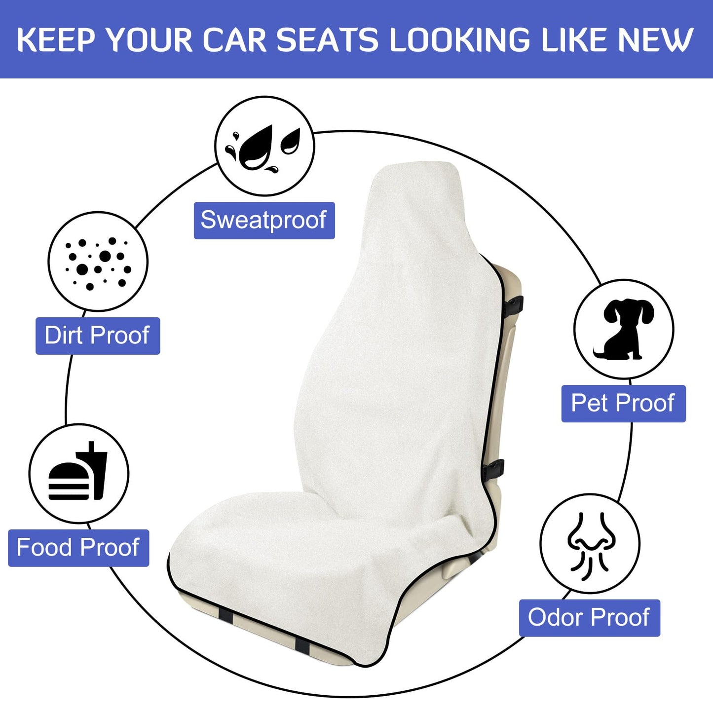 INFANZIA Waterproof Sweat Towel Seat Cover, Premium Car Seat Towel Protector for Trucks SUV Jeep, Universal Non-Slip Bucket Seat Covers for Post Gym Workout, Running, Swimming, Beach (White, 1Pcs)