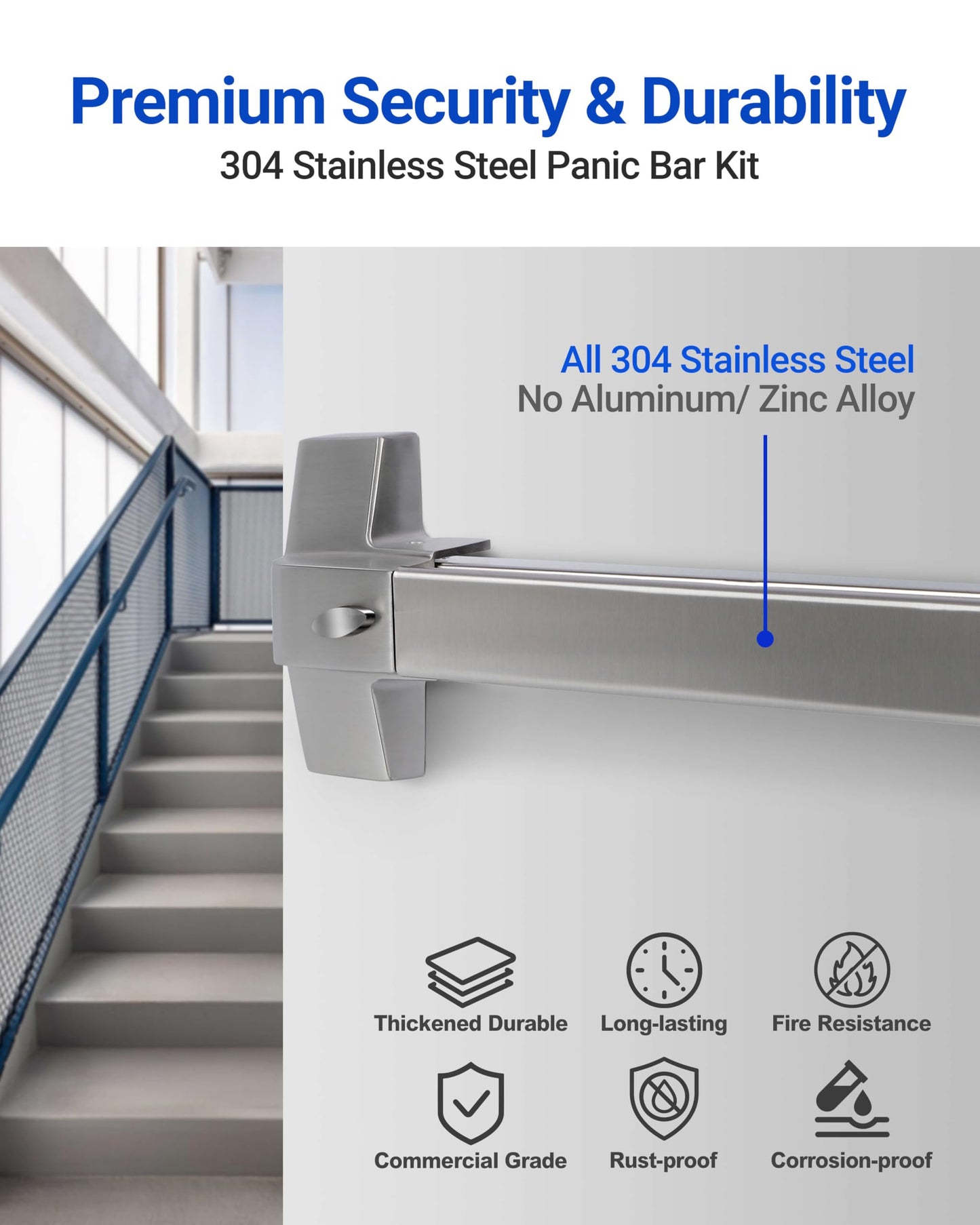 31" Commercial Push Bar Panic Exit Device -All 304 Stainless Steel Panic Bars for Exit Doors with Exterior Lever (6 Keys)- Emergency Exit Panic Door Hardware for 31"-48" Wooden/Metal Doors-HM-750A