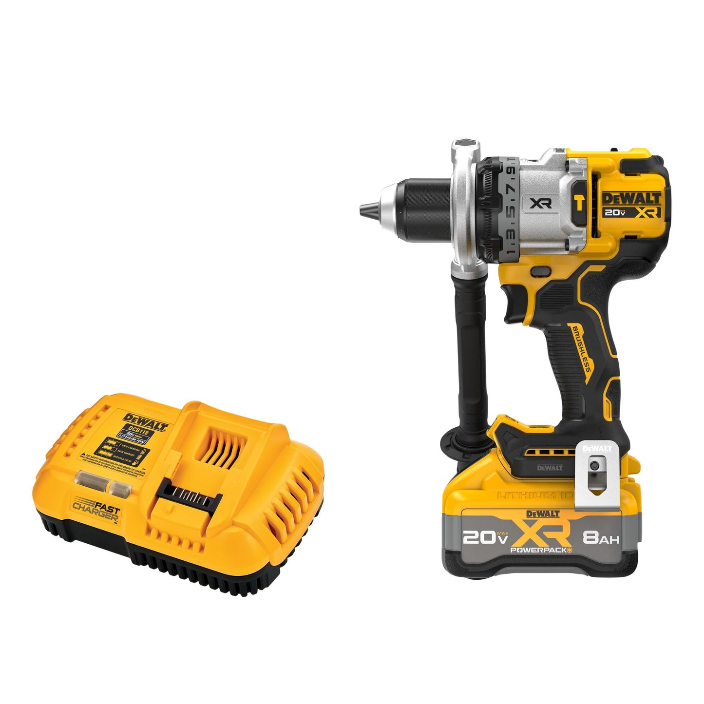 DEWALT 20V MAX XR 1/2 Inch Brushless Cordless Hammer Drill Kit with 8AH Battery and Charger, 3 Speed (DCD1007WW1)