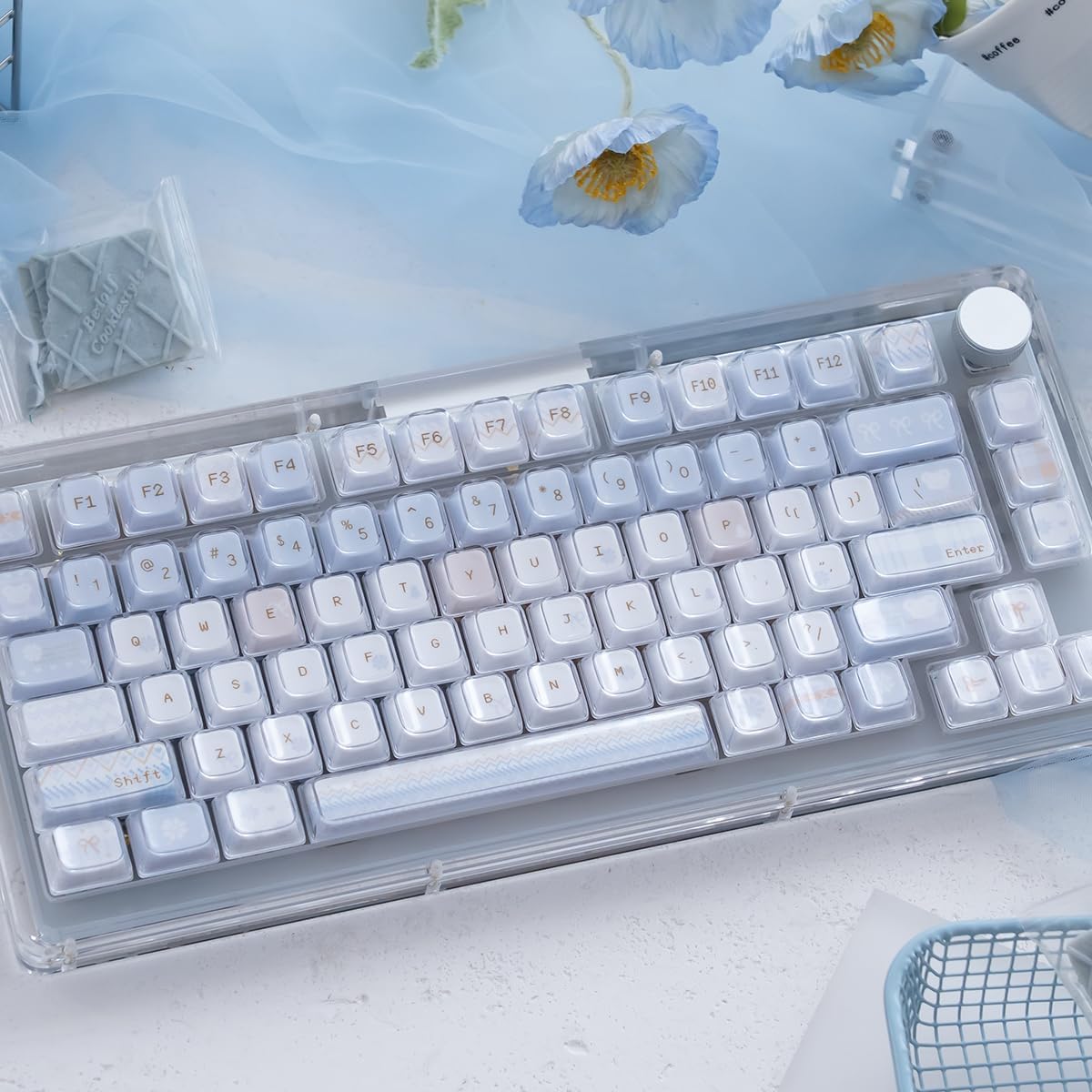 SUEHIODHY 123 Set, 61/68/84/87/98/100 Crystal Jelly Keycaps, Blue White Translucent Keycaps, Keys Custom KDA Profile