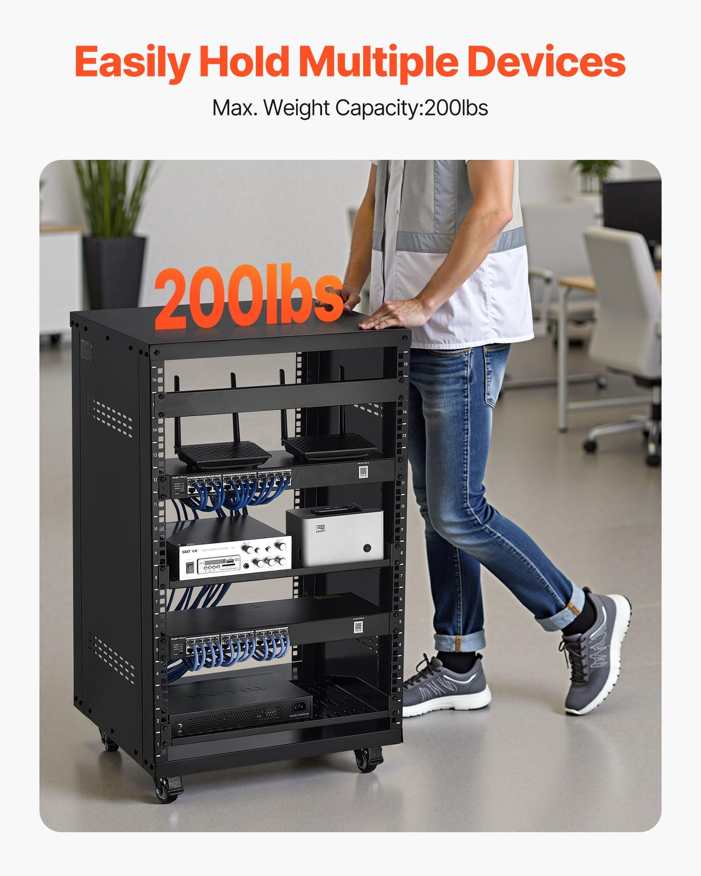 VEVOR 16U AV Rack, Recording Studio Rack Cabinet, Open Frame Server Rack with Locking Caster Wheels, Removable Side Panels & Vent Design for 19" Network, Audio, Video, IT & Network Equipment Mounting