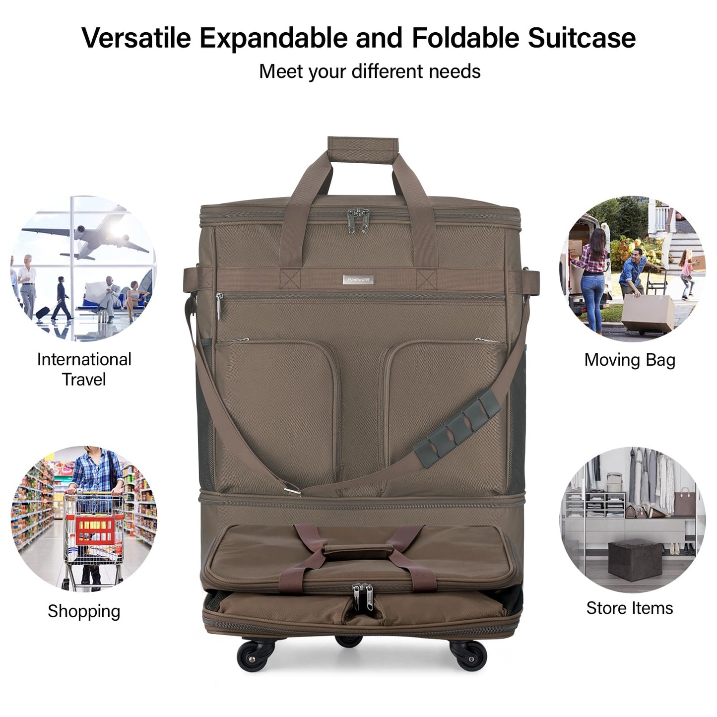 Hanke Expandable Collapsible Luggage with Wheels Suitcase, Rolling Travel Bag, Duffel Garment Tote Bag for Men Women, Lightweight Suitcase, Large Capacity Luggage with Spinner Wheel (Coffee)