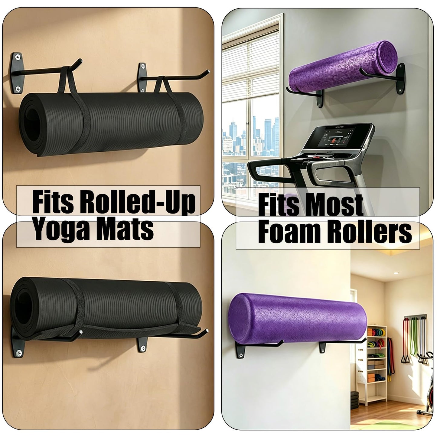 Yoga Mat Wall Mount Hanger ,Metal Yoga Mats Storage Rack, Home Gym Storage with 8 Clips, No-Roll Flat Storage for Folded/Rolled Mats, Foam Rollers, Towels, Resistance Bands, Black Wall Organizer for Gym, Yoga Studio, Bedroom