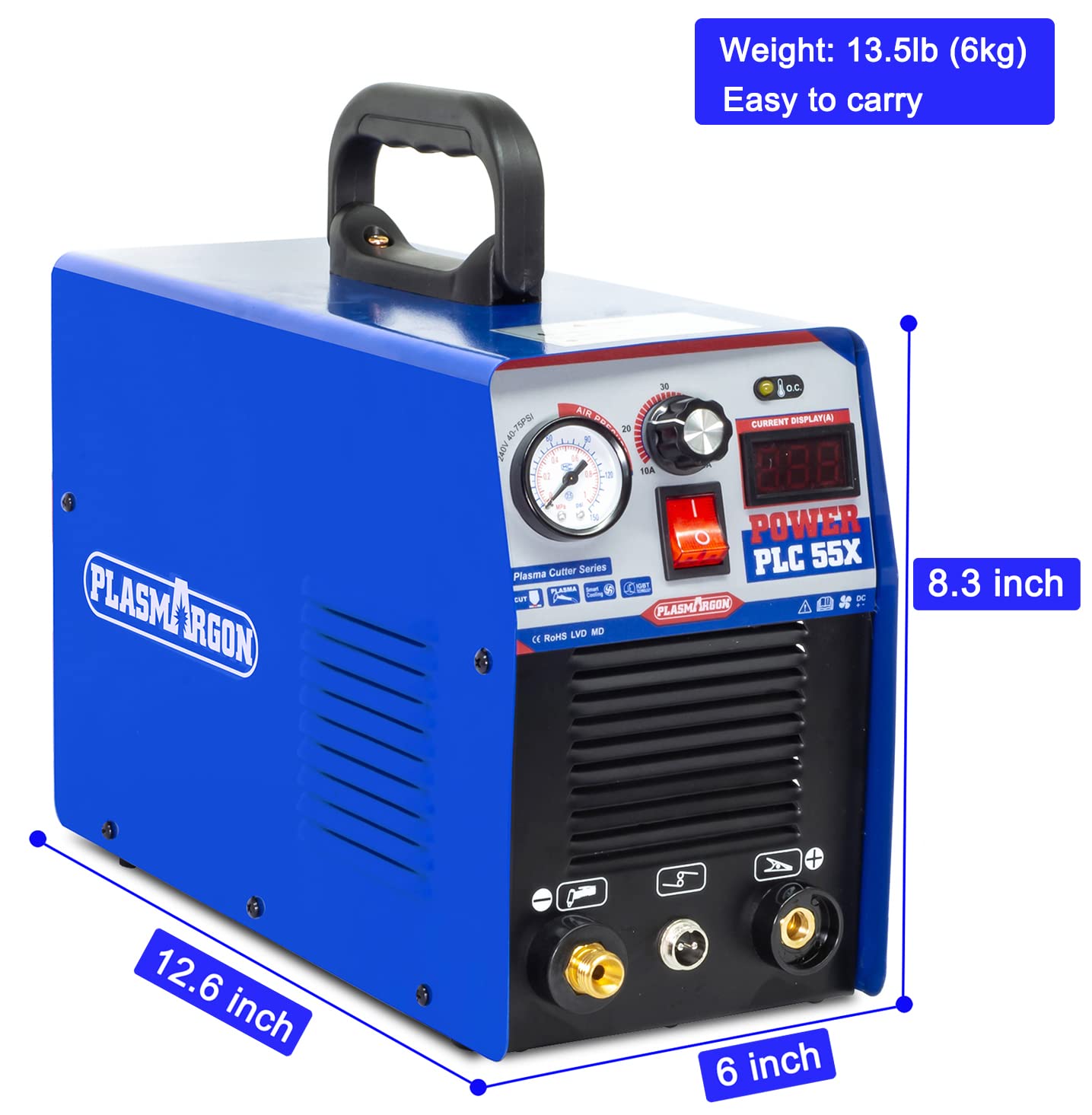 Plasma Cutter 55Amp PLC55 Dual Voltage Plasma Cutting Equipment 110V / 220V, IGBT DC Inverter Portable Air Plasma Cutter Machine 1/2 Inch Clean Cut Intelligent Digital Display (110/220V)