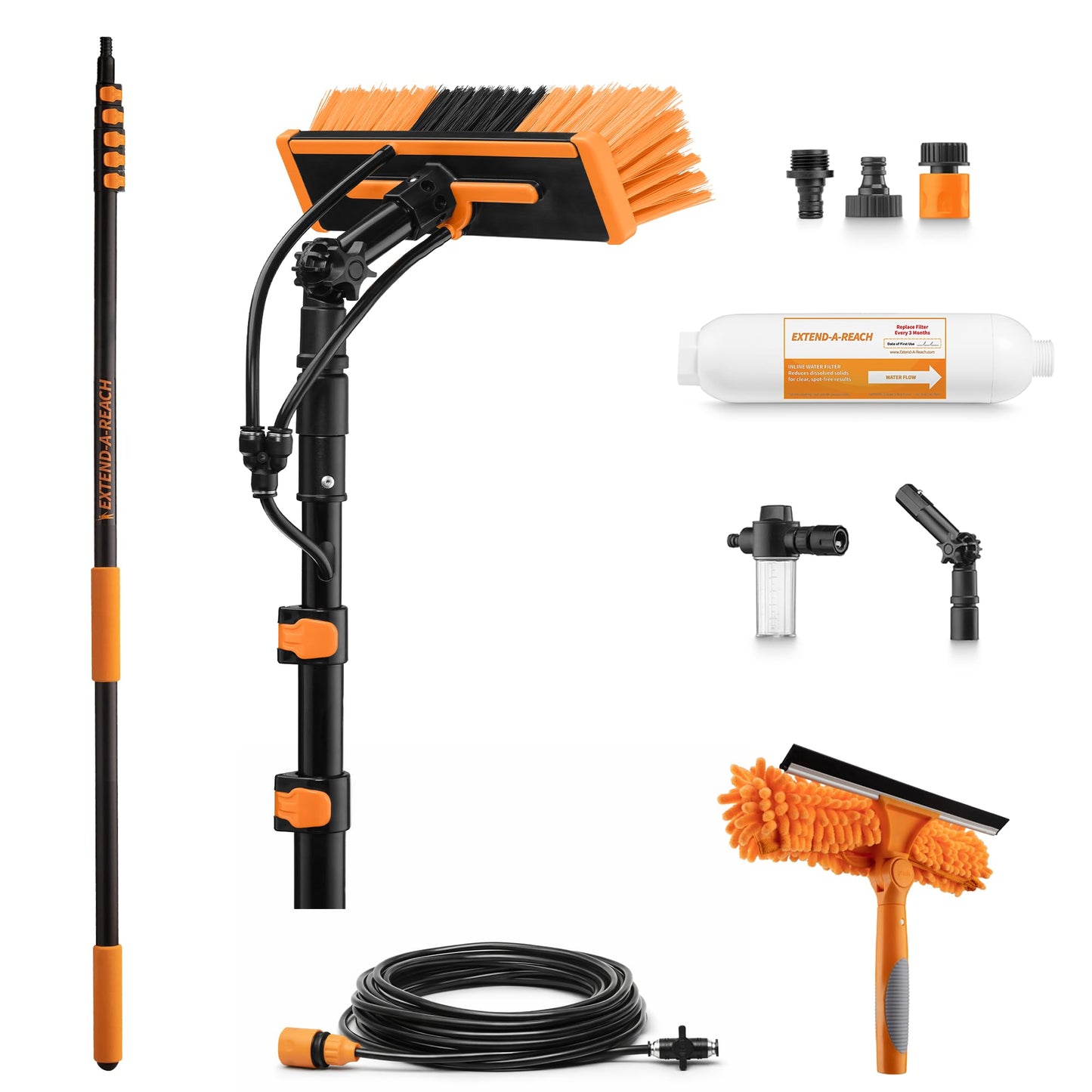 5-24 ft Water Fed Pole Window Cleaning System // Professional Telescopic Solar Panel Cleaning Equipment // Water Fed Brush with Upper Rinse Bar, 10" Squeegee, Water Filter, Soap Dispenser & Water Hose