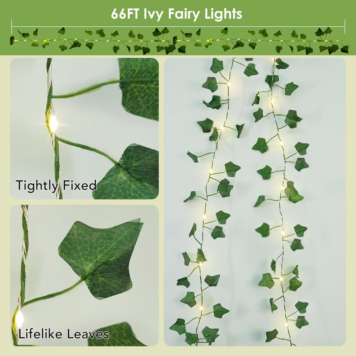 OMIKA 66FT Ivy String Lights - 200 LED Waterproof Fairy Lights with Remote for Bedroom & Garden Decor | Warm White