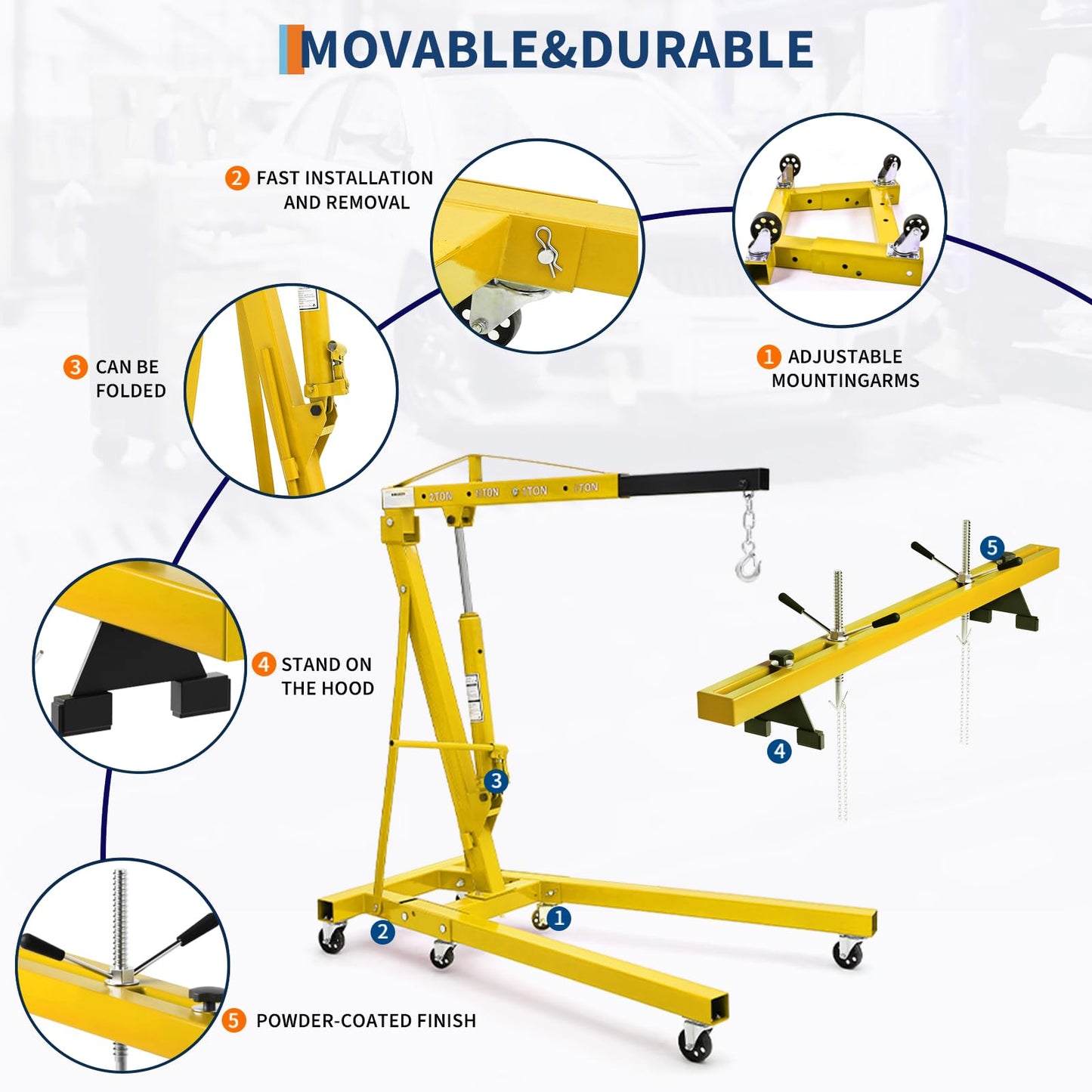 MilleLoom 2T Heavy Duty Folding Engine Hoist with 59" Load Leveler - 4400 Lbs Hydraulic Cherry Picker, 6 Swivel Wheels & 1100 Lbs Engine Support Bar for Garage Workshop Warehouse