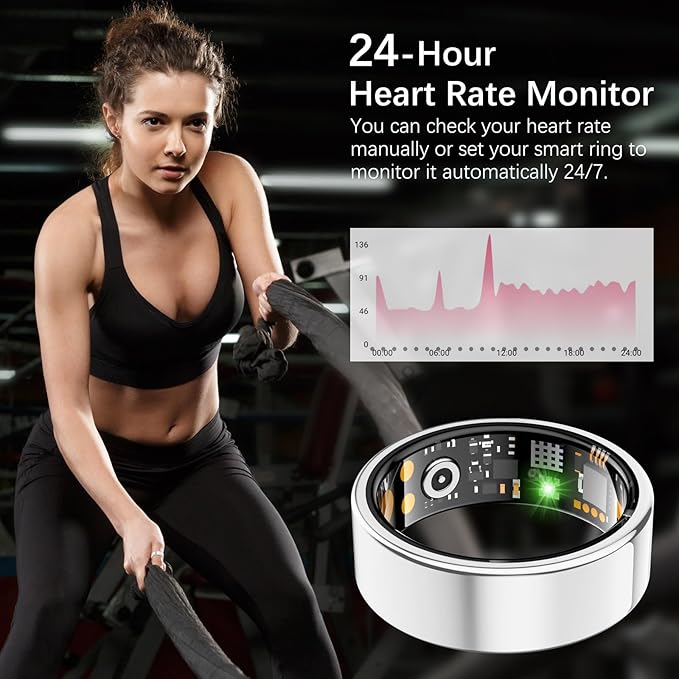 Ring Health Tracker for Women Men, Fit Ring with Heart Rate, Blood Oxygen, Sleep Monitor, Calories, Step Counter, IP68 Waterproof Smart Ring for iPhone & Android, No Subscription Fee (Silver, 6#)