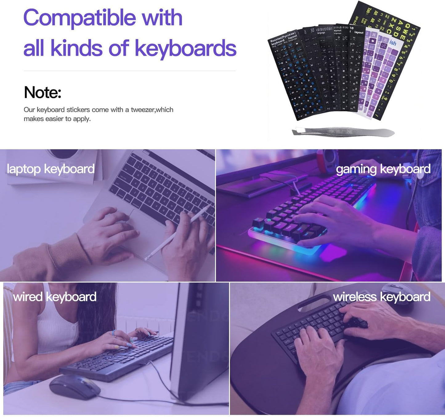 2Pack Korean Keyboard Stickers, Korean-English Keyboard Sticker on Purple Background with White Lettering, Korean