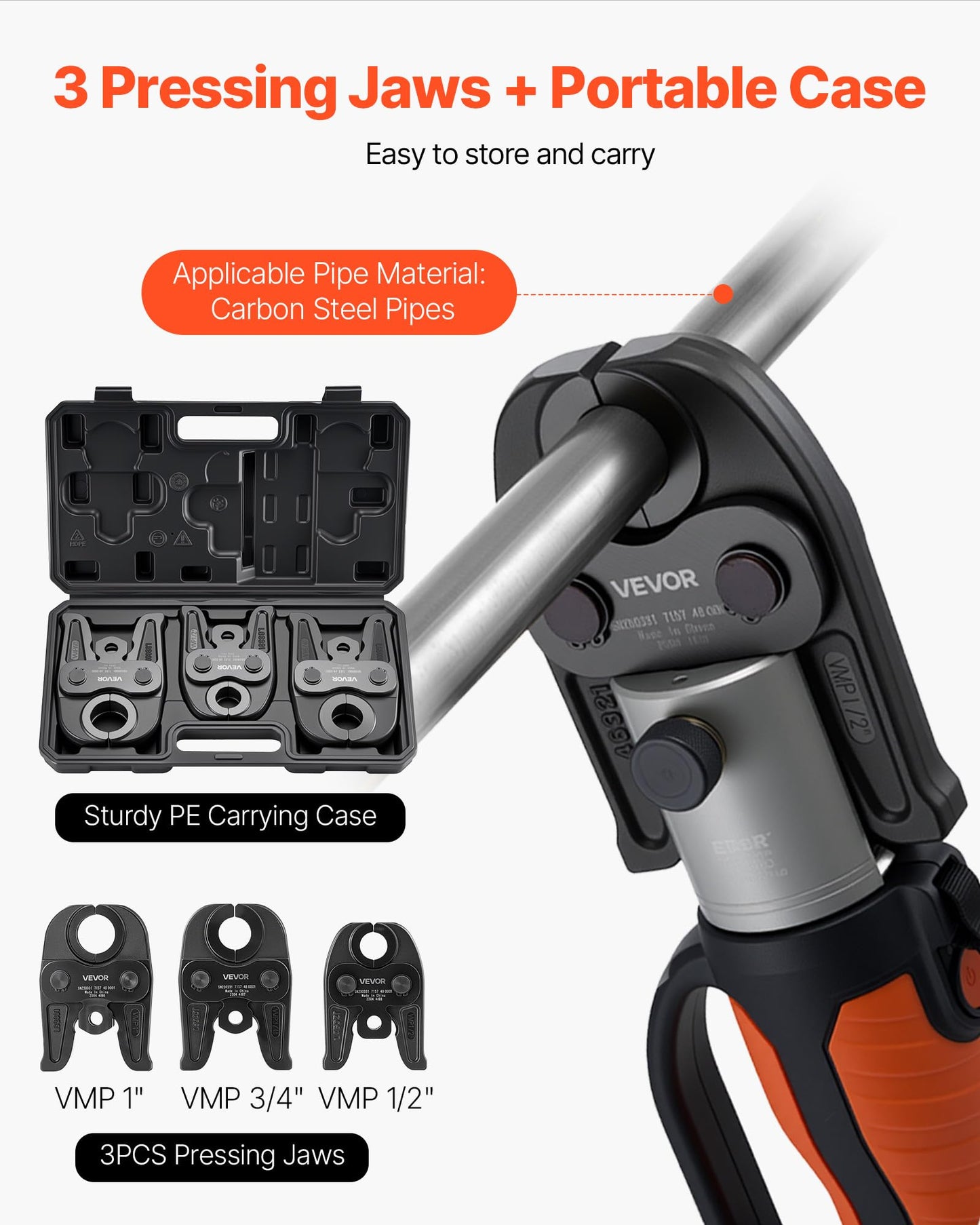 VEVOR VMP Press Jaws, 3PCS Pressing Jaws 1/2", 3/4" & 1" - Compatible with Megapress Carbon Steel Pipes, Work with 32KN Standard Press Tools, Includes Carrying Case