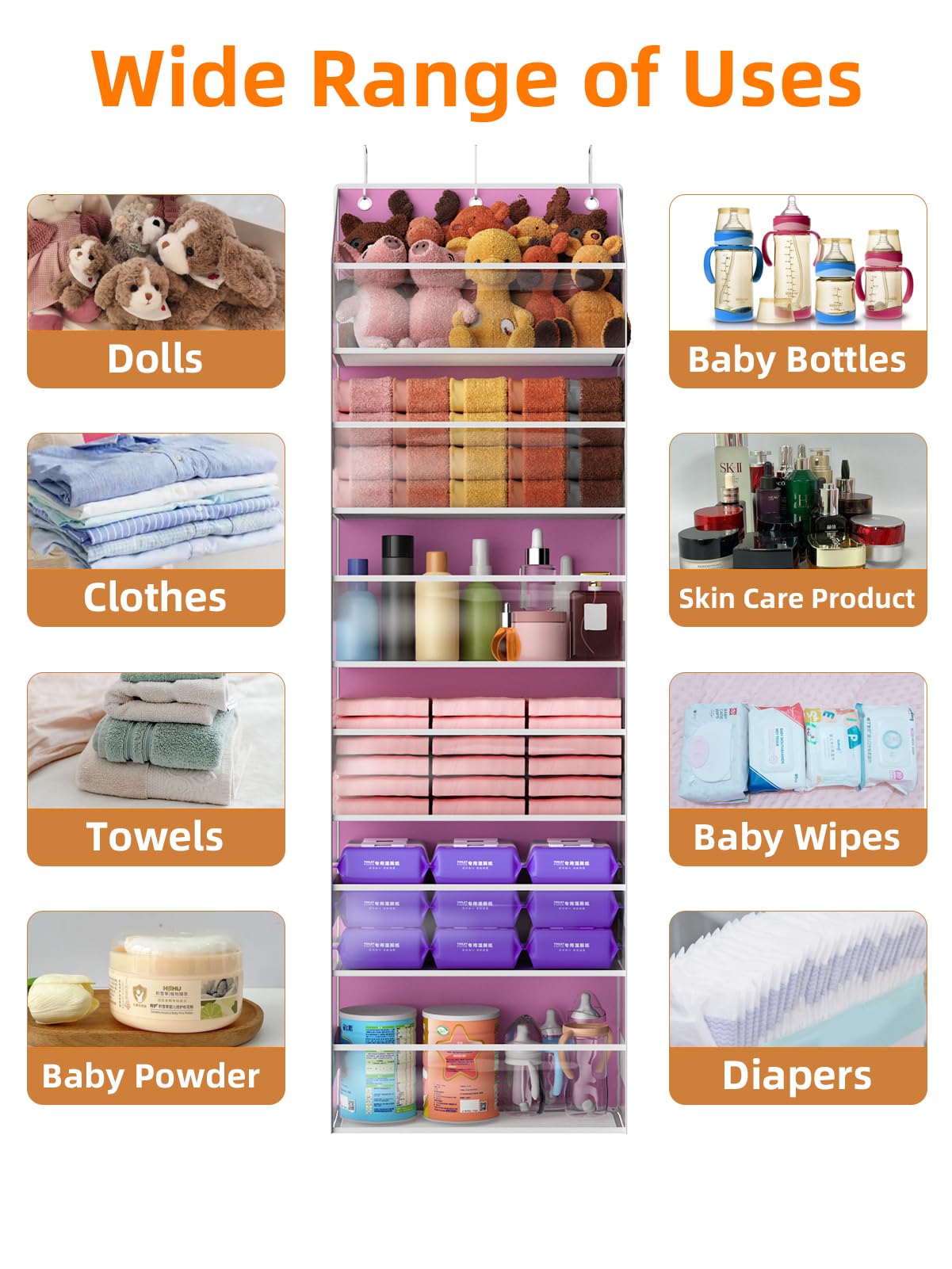 Wakaye Over the Door Organizes- 6 Tier Stuffed Animal Storage, Bathroom Organizers and Storage, Swing-proof Hanging Organizer for Toys/Nursery Newborn Baby Essential Stuff (Clear-pink)
