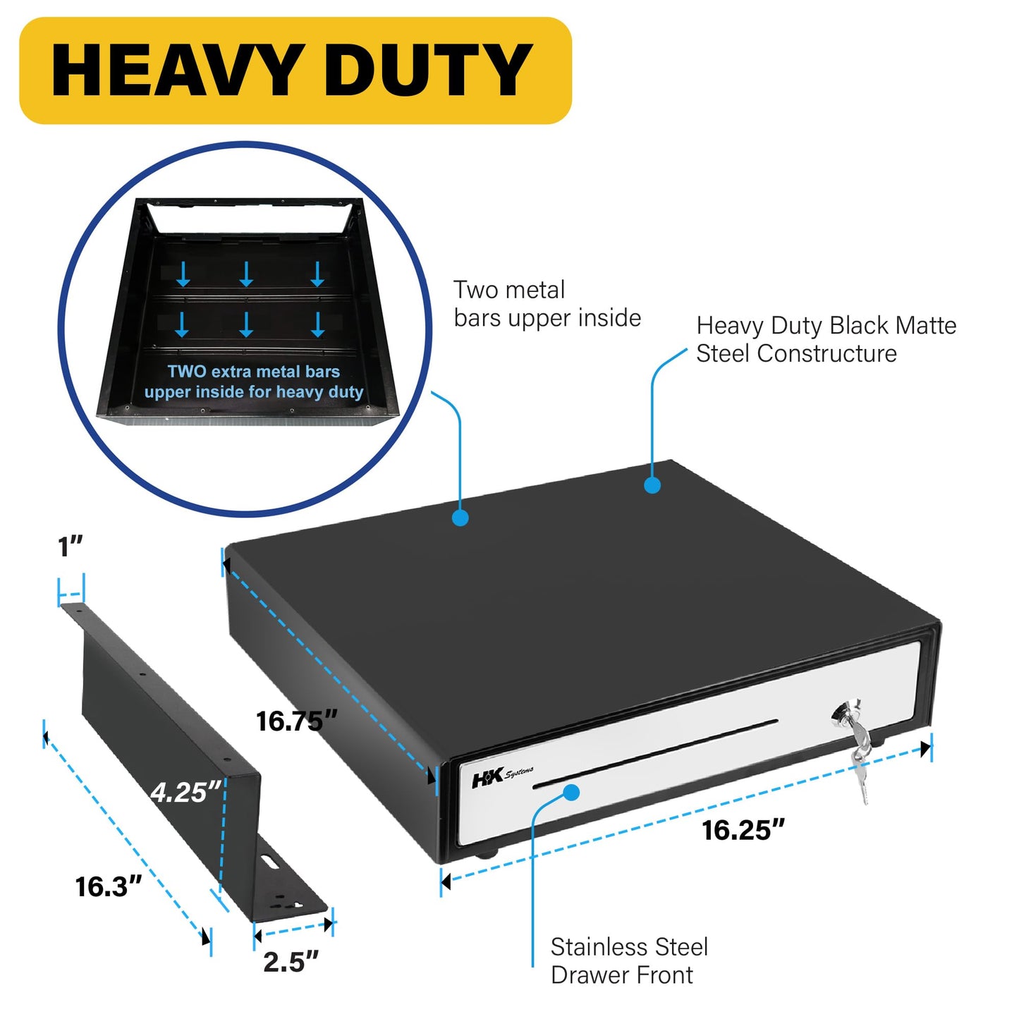 HK SYSTEMS 16" "Stainless Steel" Front Heavy Duty Black POS Cash Drawer with 5Bill/5Coin with Under Counter Mounting Metal Bracket