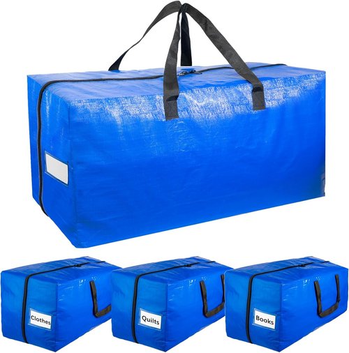Extra Large Moving Bags - Heavy Duty Storage Tote with Strong Handles & Smooth Zipper | 4 Pack for Clothes & Dorm Essentials