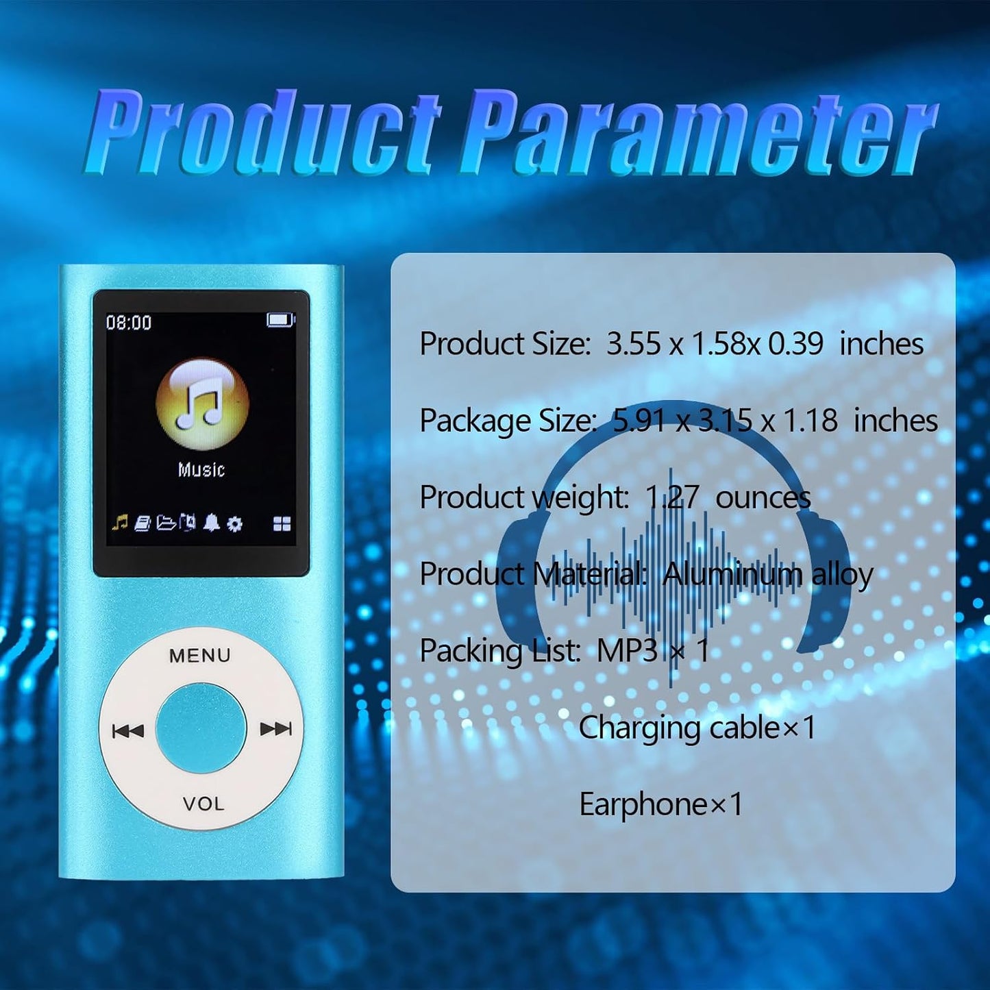 Luqeeg MP3 MP3 1.8 Inch 64GB Player, Portable Lossless Sound Slim Music Player with Earphone, LCD Screen Digital Music