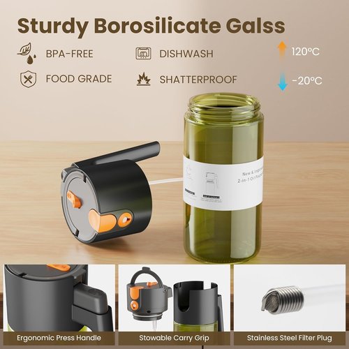 LUKUMIQI 2-in-1 Oil Sprayer - 17oz Light-Blocking Glass Bottle for Cooking, Salad & BBQ