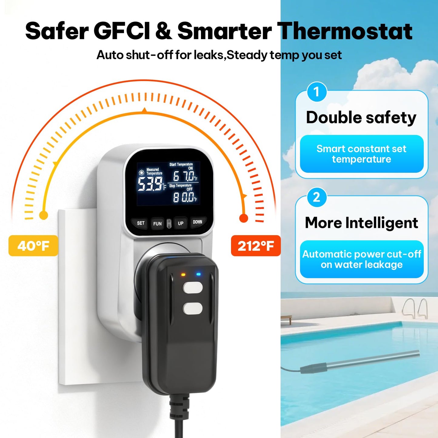 1800w Immersion Heater,Portable Bathtub Heater with GFCI& Thermostat, Digital Temp Control, Fast Heating Stainless Steel Submersible Water Heater for Small Pools,Spa,Bathtubs, Buckets,Tank,Outdoor