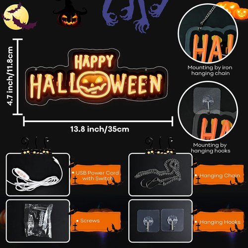 Happy Halloween Neon Sign - Dimmable Black & Orange LED Light for Spooky Party Decor