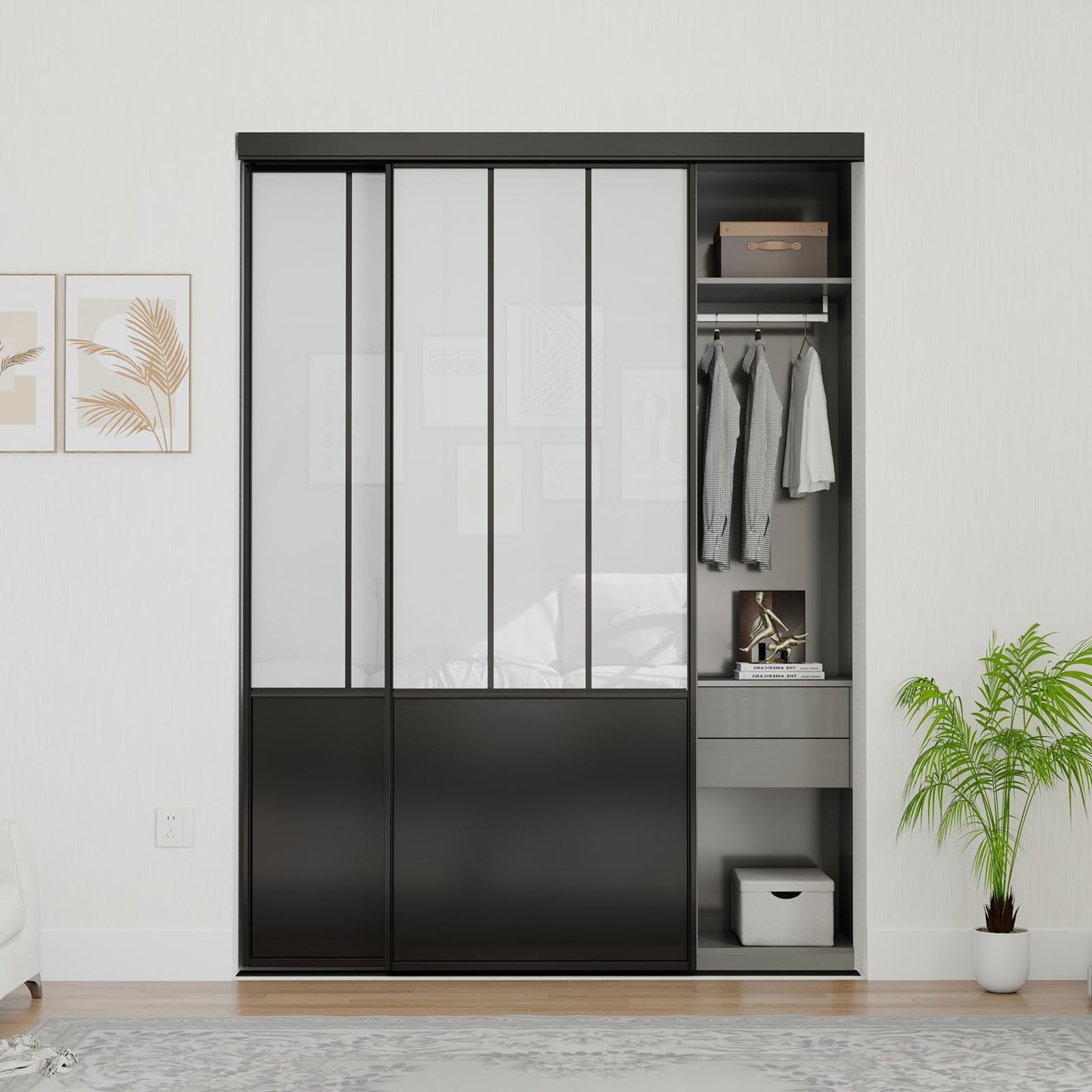 JUBEST Sliding Closet Door 60 x 80", Black Farmhouse Sliding Door with Top & Bottom Track Kits, Preassembled Frosted Glass Bypass Closet Door, Easy to Install