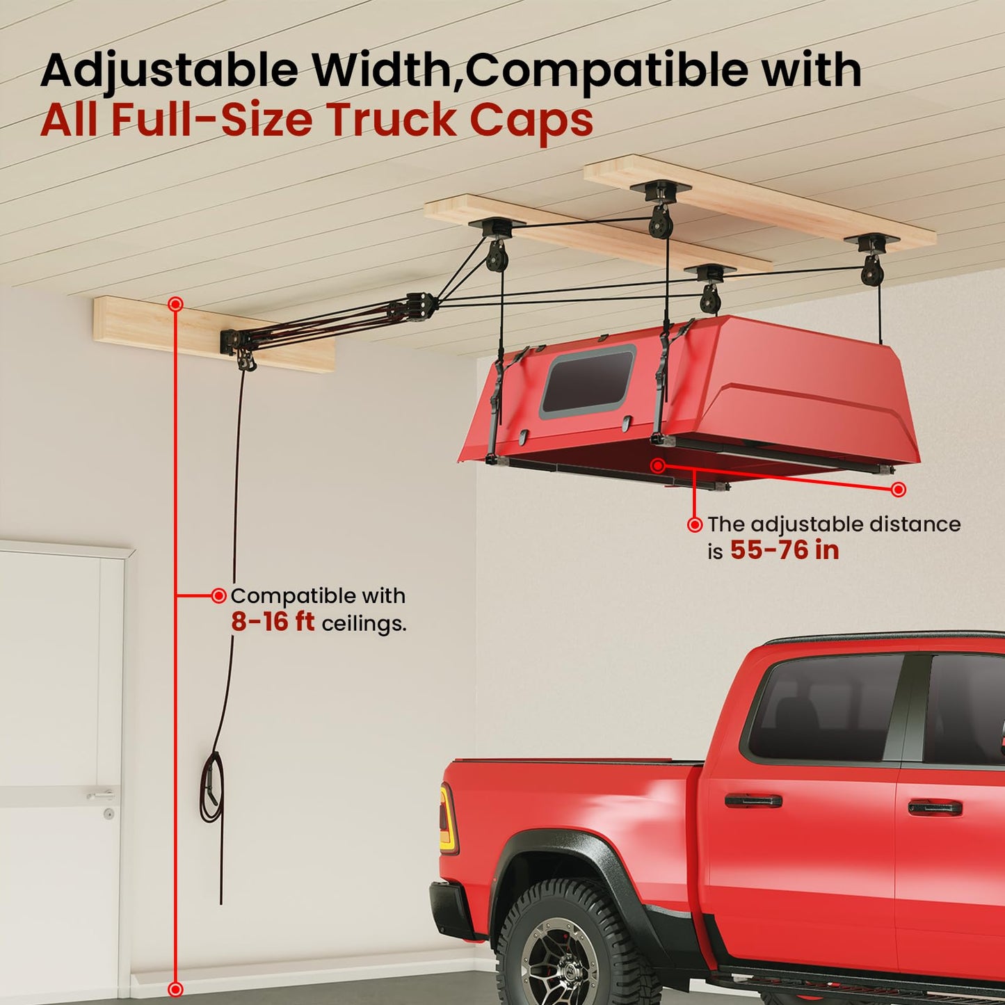 Pacikwest Truck Cap Hoist System for Garage Ceiling, Smart 4-Point Self-Leveling Garage Hoist with 8:1 Pulley Lift System, Easy One-Person Overhead Garage Storage Lift for Truck Topper Rack, 250 lb