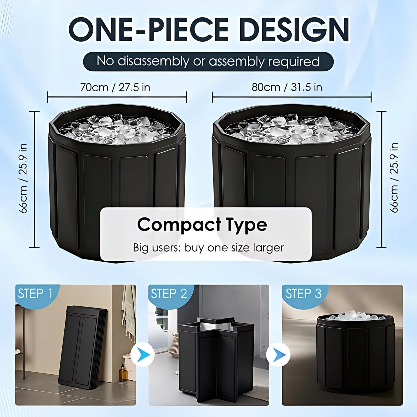 Ice Bath Cold Plunge Tub for Athletes–Portable Ice Bath for Adults, 6-Layer Insulated Foldable Bathtub for Cryotherapy & Muscle Recovery, Space-Saving Cold Plunge Tub for Home Gym (Black25.9x27.5IN)