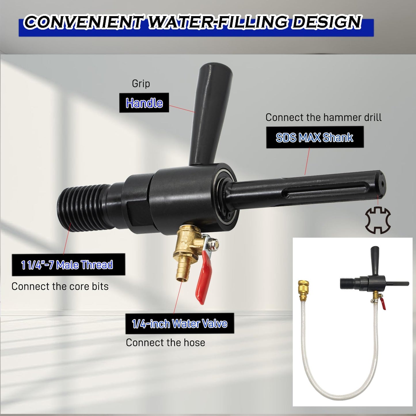DaduoRi 7" Wet Core Drill Bit with Water Injection Capable Adapter for SDS Max Shank - Includes Solid Brass Quick Connector and Hose - Convenient 1 1/4"-7 Thread Core Bit with Water Feed Design