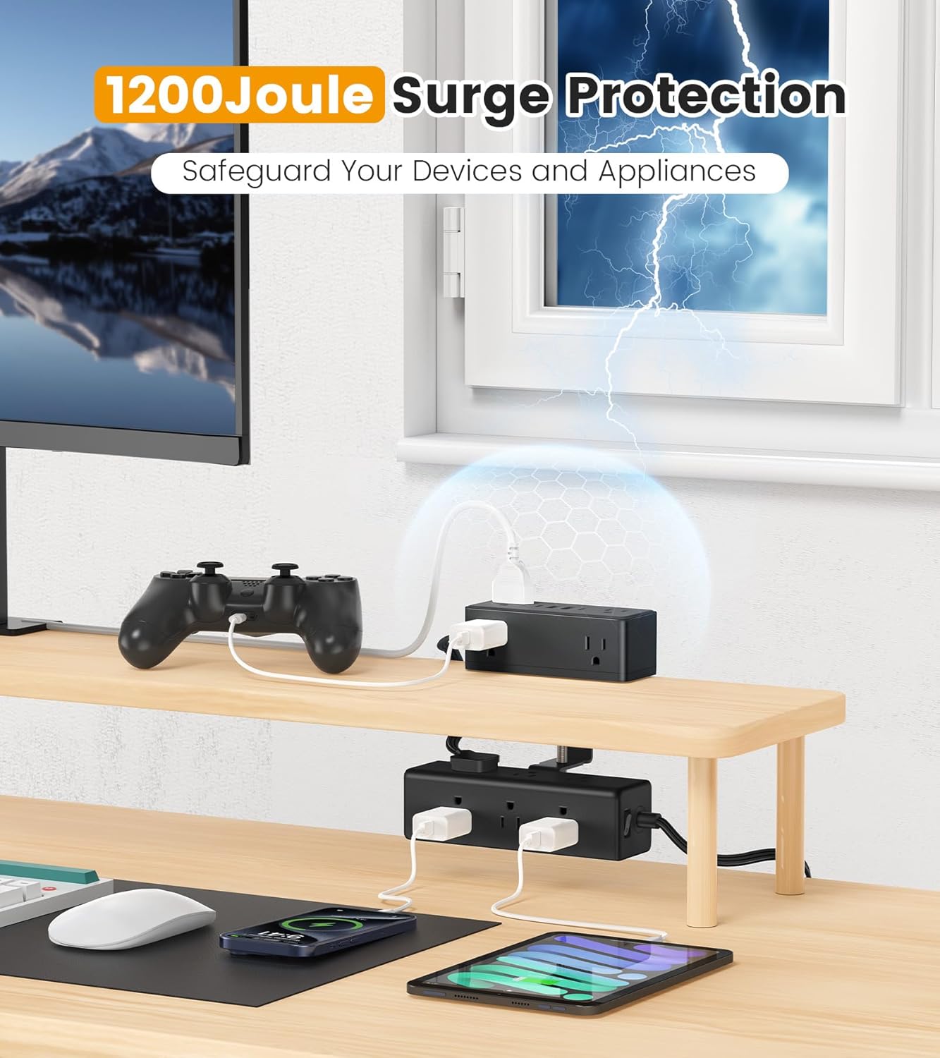VILONG 4 Ports(20W 15 5FT Dual Layer Desk Clamp Power Strip with USB USB-C) & AC Outlets, Desktop Edge Mount Surge