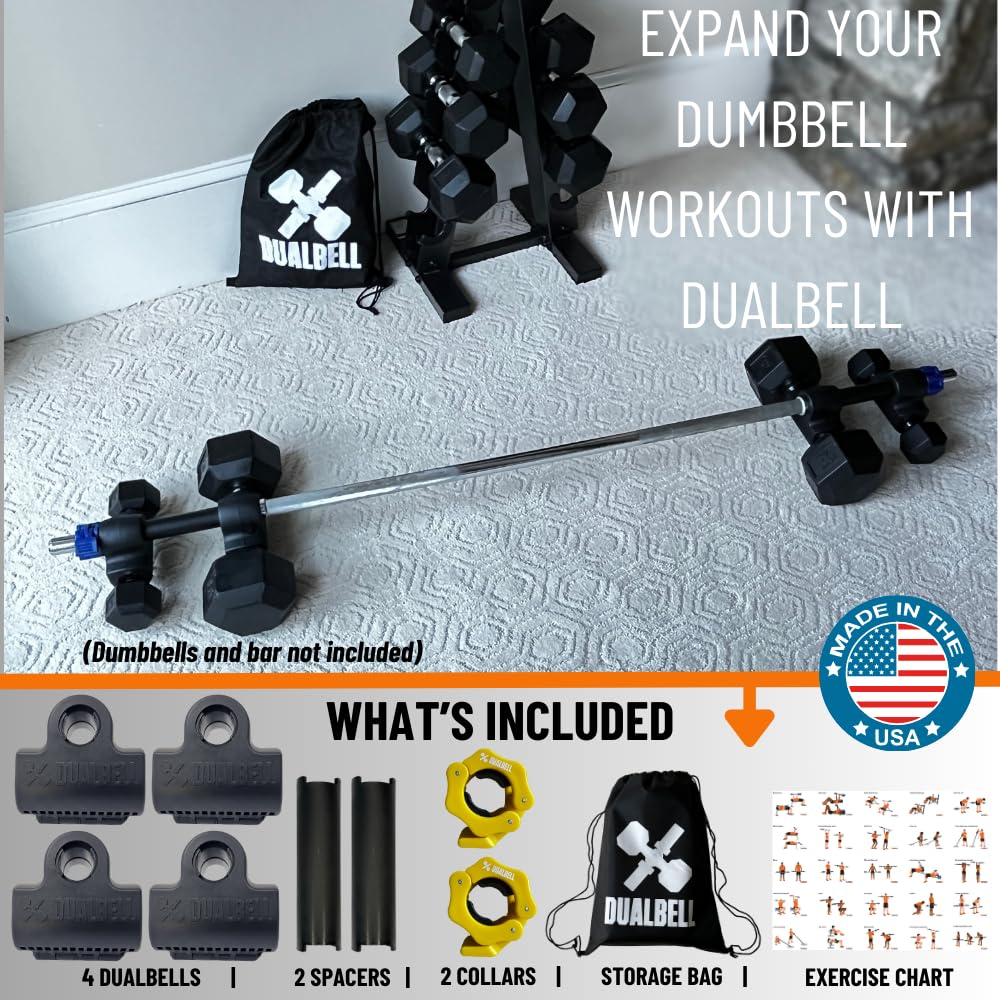 Dualbell Dumbbells to Barbell Converters- Quick Setup Dumbbell Connectors, 500lb Capacity Barbell Adapters, Secure Fit, Quick Setup, Fits 1" Bars, Home Gym Equipment, Black Superset w/Yellow Collar