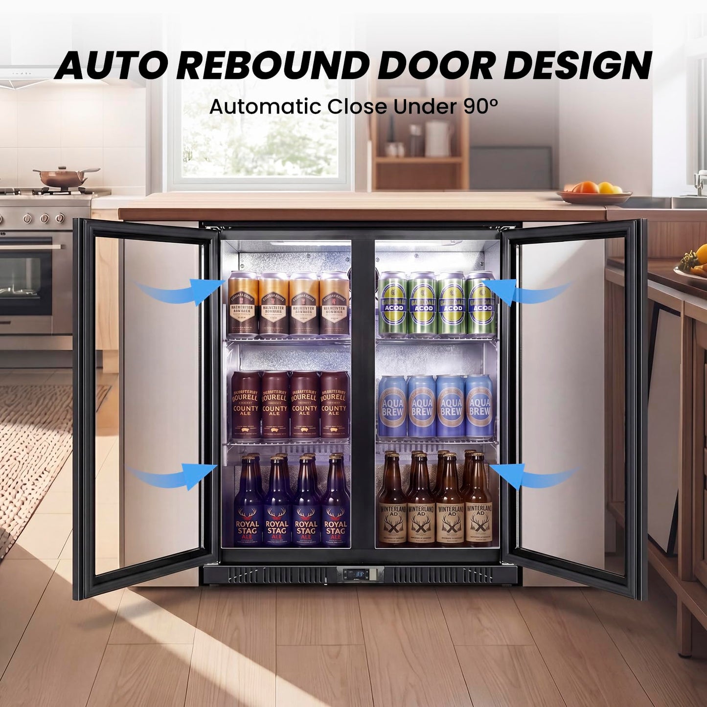 35.42" W Commercial Under Counter Beverage Refrigerator, 2 Glass Door Back Bar Cooler, Built-in/Freestanding 7.4Cuft Drink Fridge with LED Light, Auto Defrost, Low-E Glass & Safety Lock, Rebound door