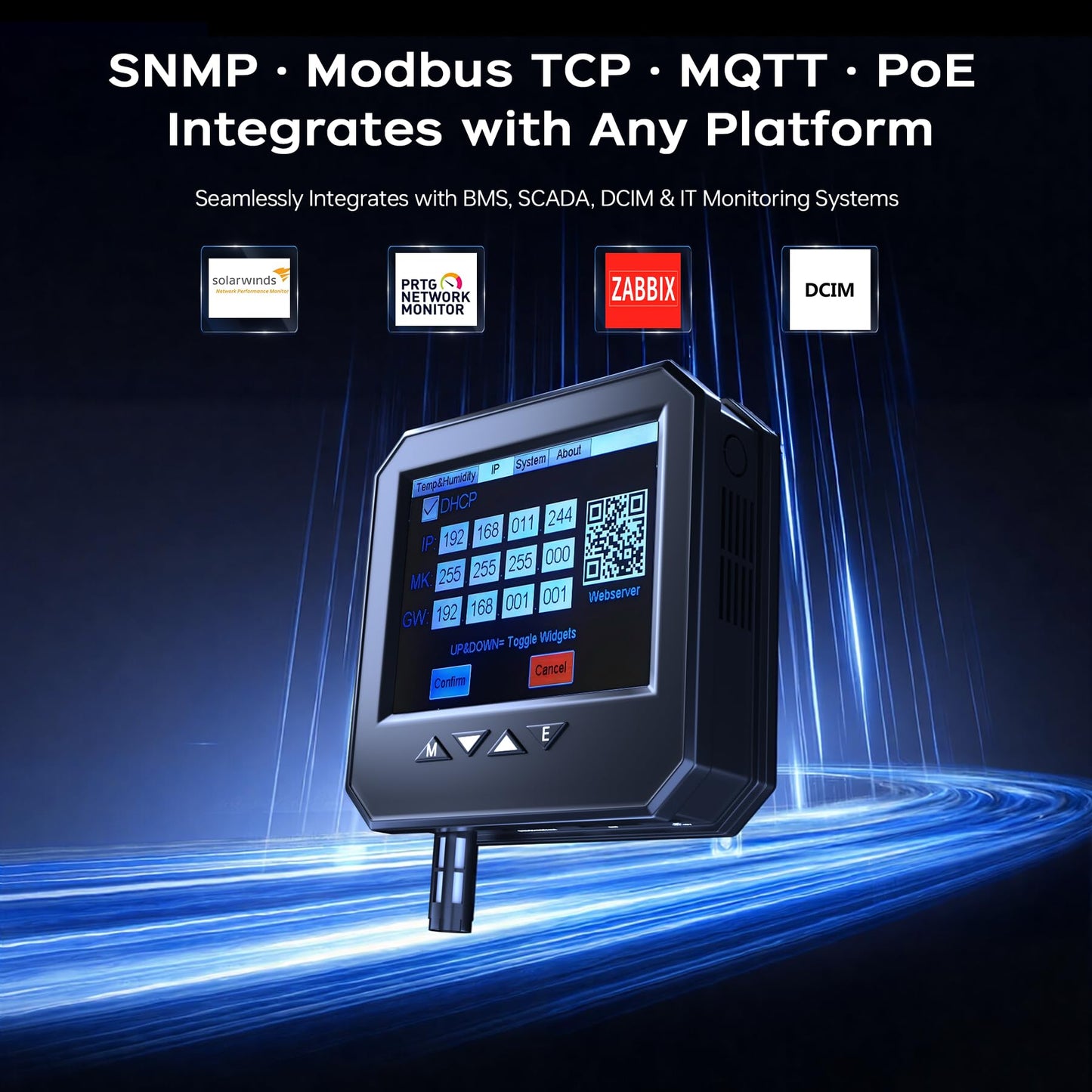 Ethernet Server Room Temperature Monitor (Swiss Sensors) PoE Server Rack Temperature Humidity Sensor with Web Interface, SNMP Modbus MQTT Support, Dual Power, IP55, Data Logging, Alarm & Relay Output