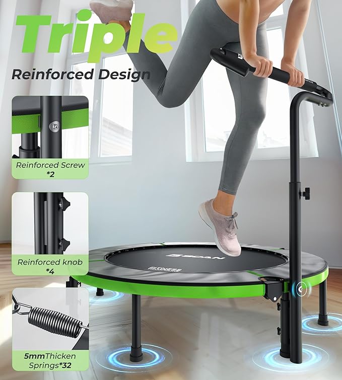 BCAN 40"/48" Foldable Mini Trampoline, Rebounder Trampoline for Adults, U/T Adjustable Foam Handle, Exercise Rebounder for Adults Indoor/Garden Workout, Max Load 330lbs/440lbs
