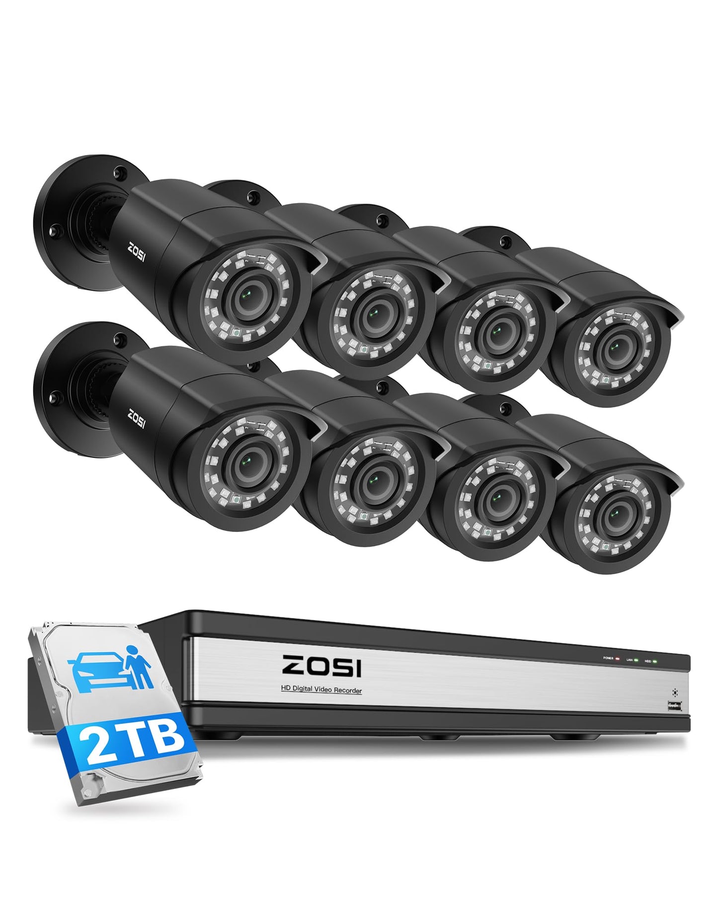 ZOSI 16 Channel Security Camera System, 8 x 1080P Outdoor Indoor Weatherproof Wired Cameras, AI Human Vehicle Detection, Night Vision, H.265+ 16CH 2.0MP CCTV DVR with 2TB HDD for 24/7 Recording
