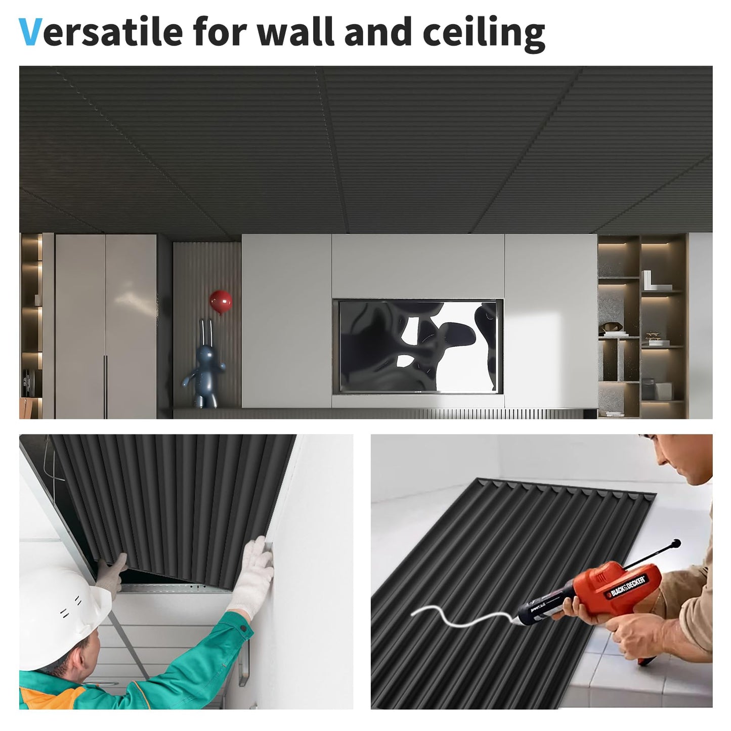 Art3d 2x4 ft Drop Ceiling Tiles in Black, 12-Sheet Semi-Cylinder Design 3D Wall Panels for Interior Wall Decor 24x48 inch