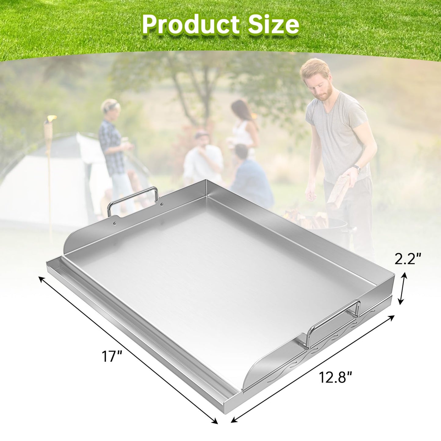 Universal Stainless Steel Griddle Flat Top Plate with Even Heating Bracing for BBQ Charcoal and Gas Grills, Camping, Tailgating, and Parties,with Grease Groove and Removable Handles (17" x 13")