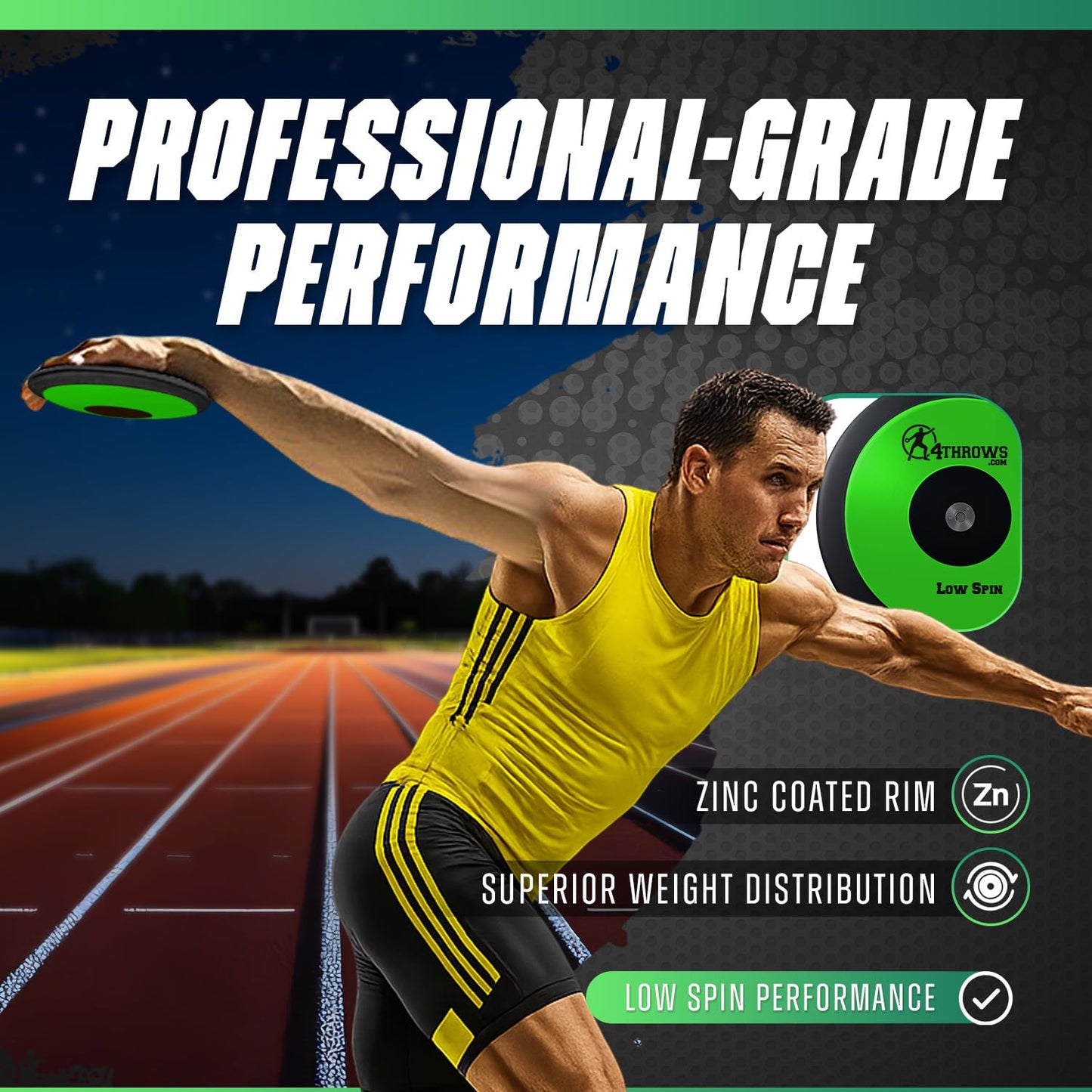 4THROWS Low Spin Competition Discus for Track & Field, High School, College, Men & Women — 70% Rim Weight, IAAF World Athletics Certified with Free Carry Bag, Neon Green and Black, 1.6kg