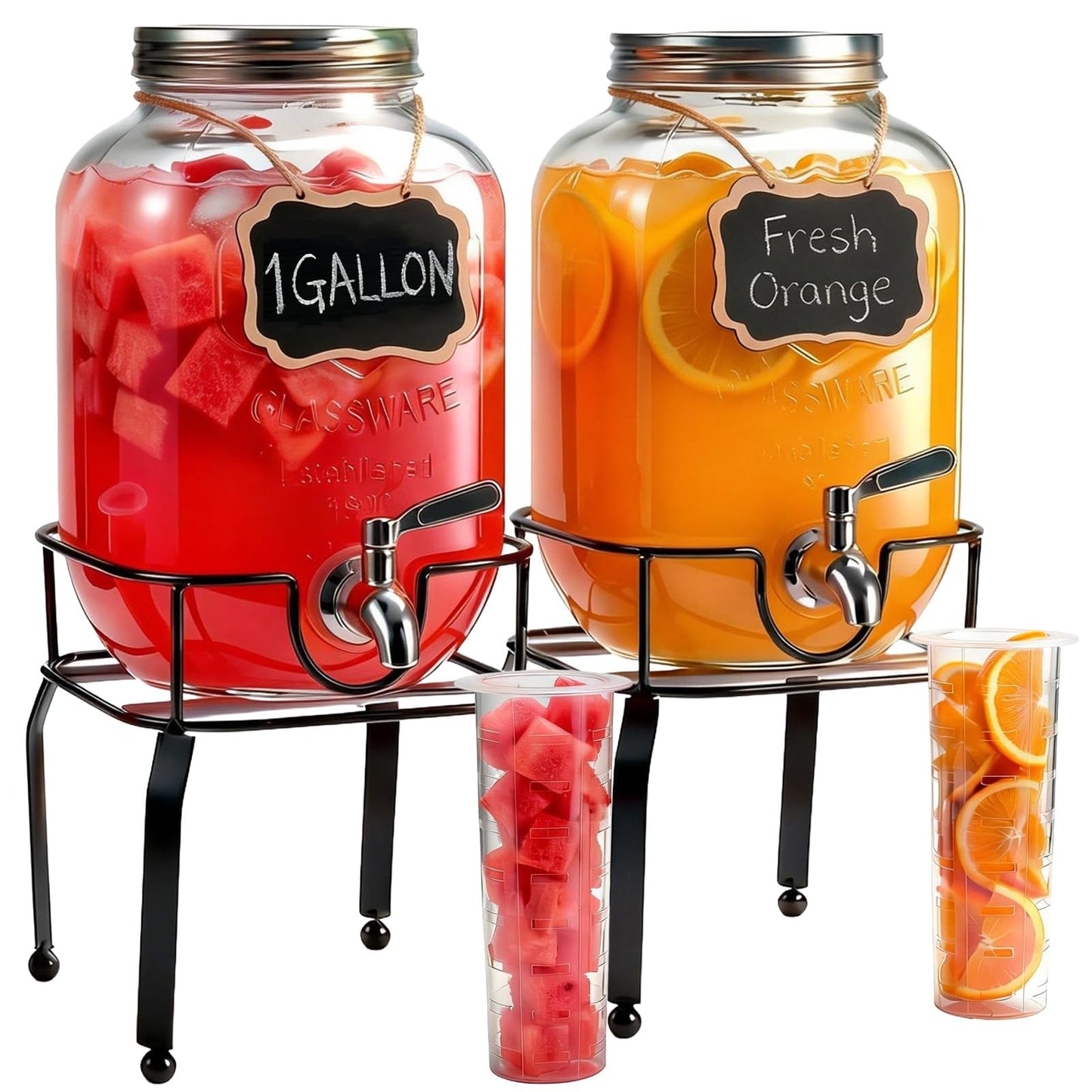 RuileMei 2 Pack1 Gallon Glass Drink Dispensers For Parties,Beverage Dispenser with Stand,304 Stainless Steel Spigot Leakproof,Lemonade Dispenser for Sun Tea, Homemade Juice
