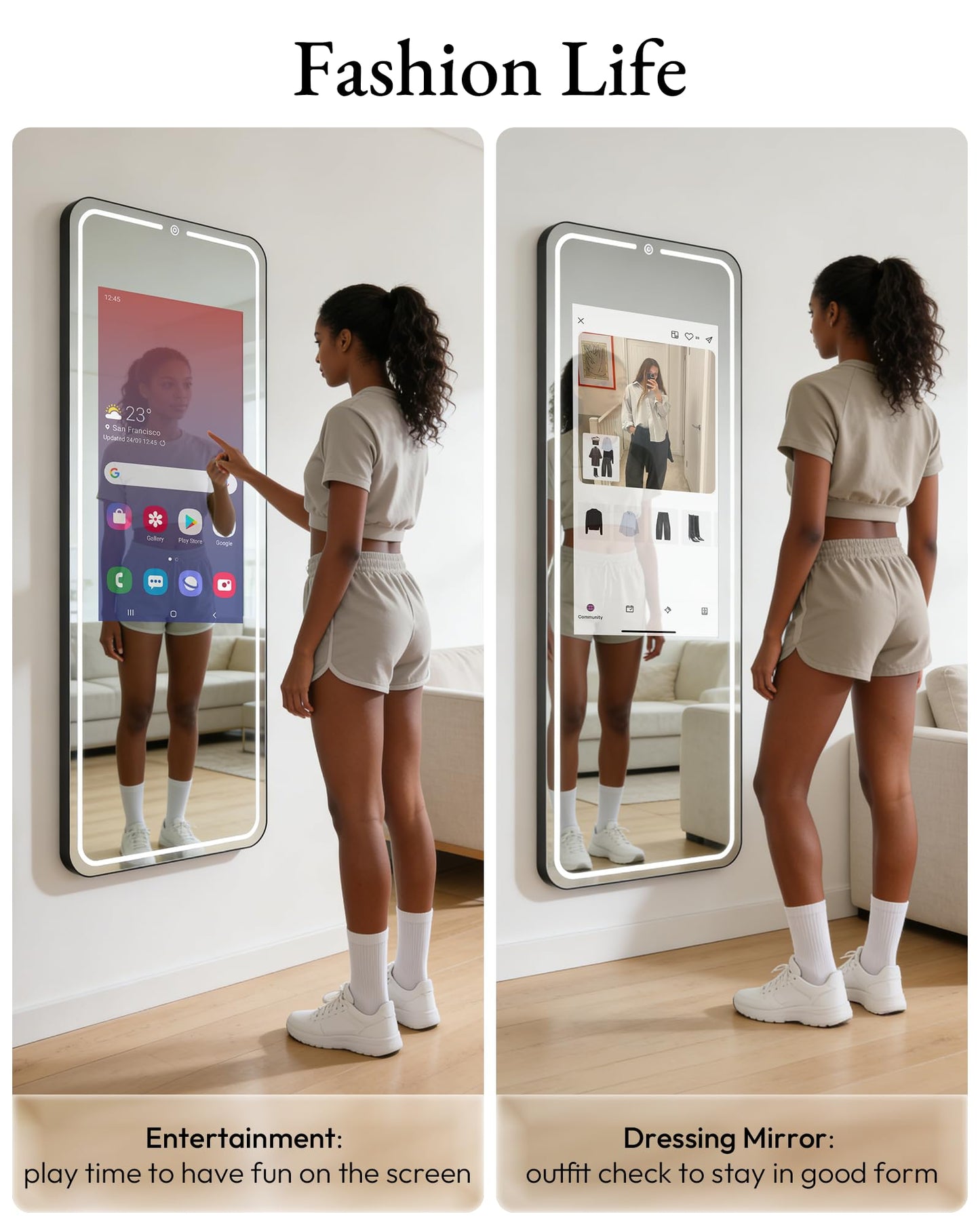 HARZHI 32 Inch Smart Gym Mirror, HD Touch Screen, Android OS, No VIP Fees, Voice Control, Music Sync LED Light Strip, Perfect for Home Gym/Yoga
